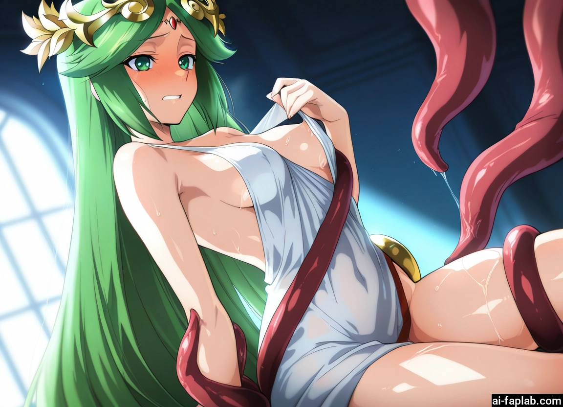 1girl, breasts, long hair, green eyes, tentacles, green hair