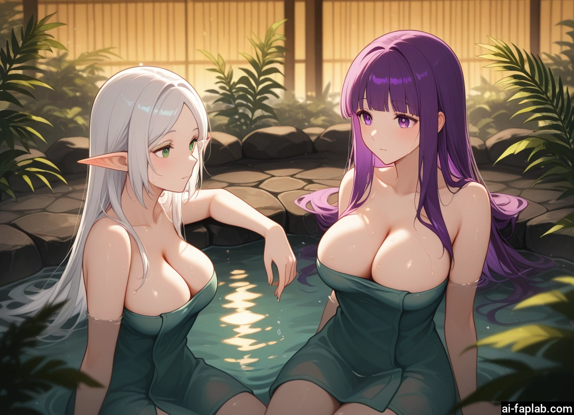 breasts, multiple girls, 2girls, pointy ears, towel, large breasts