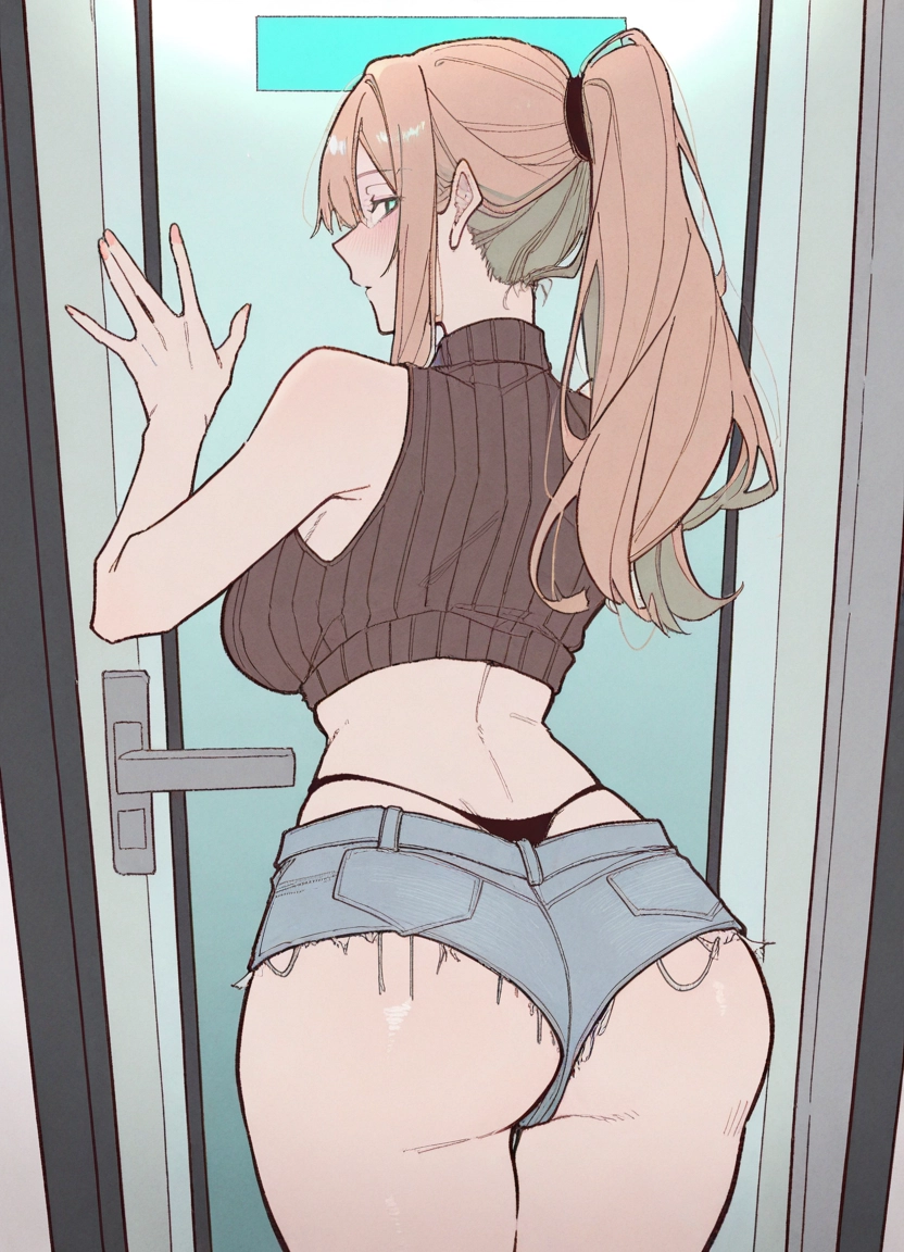 1girl, ass, shorts, breasts, ponytail, underwear