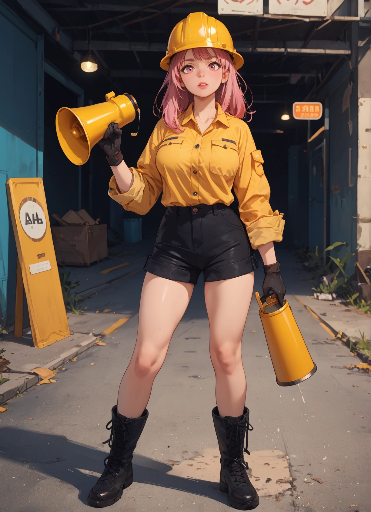 1girl, pink hair, gloves, boots, shorts, megaphone · Yamete.gg