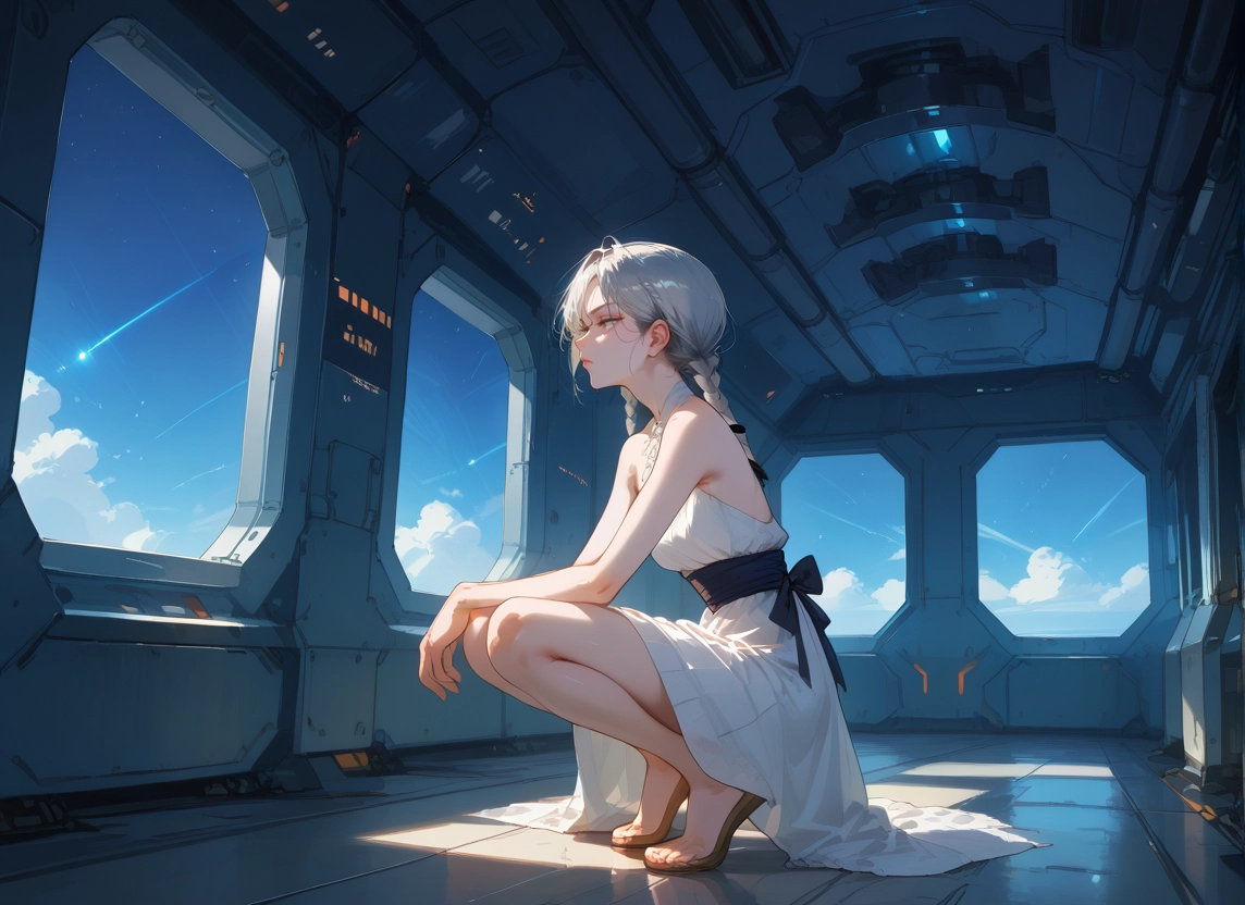 1girl, dress, solo, white dress, braid, squatting · Yamete.gg