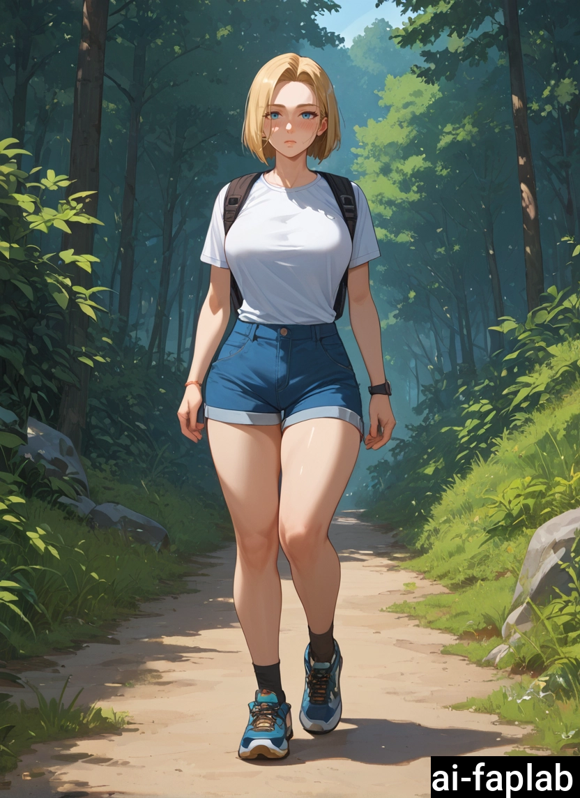1girl, android 18, shorts, blonde hair, shirt, solo