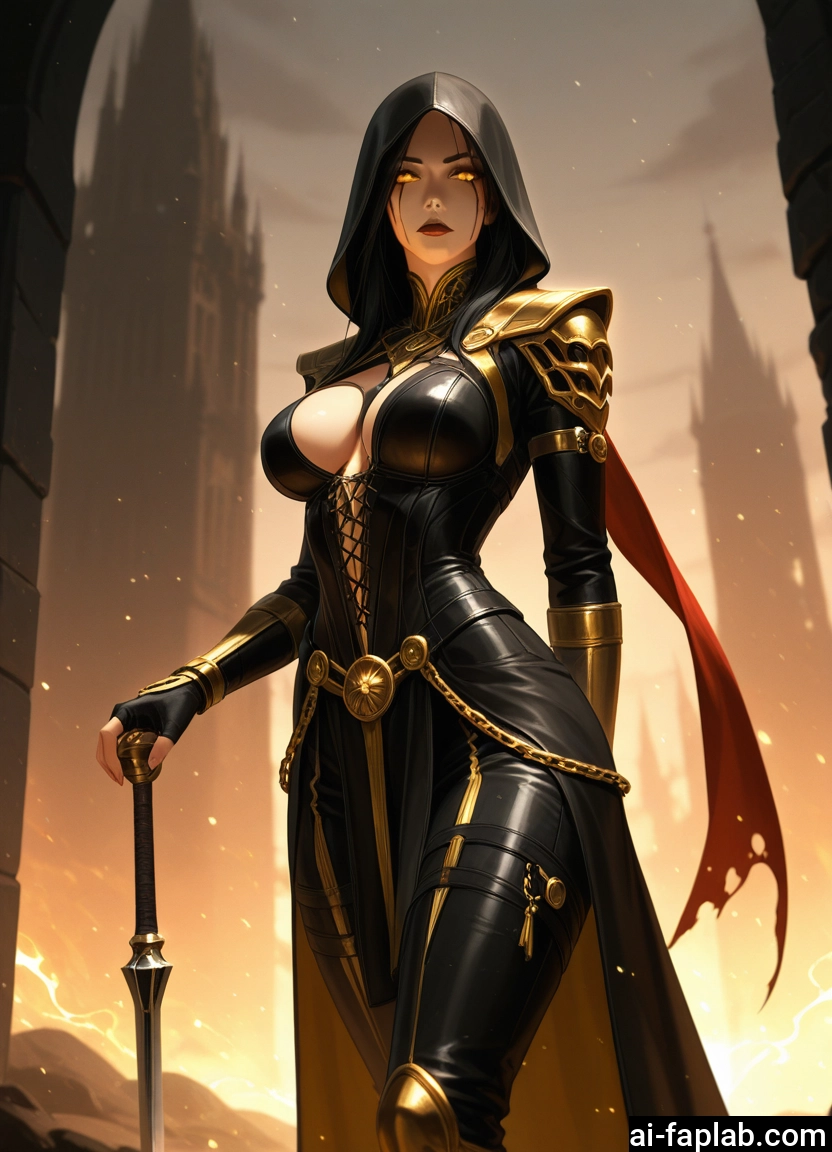 1girl, breasts, weapon, solo, hood, sword