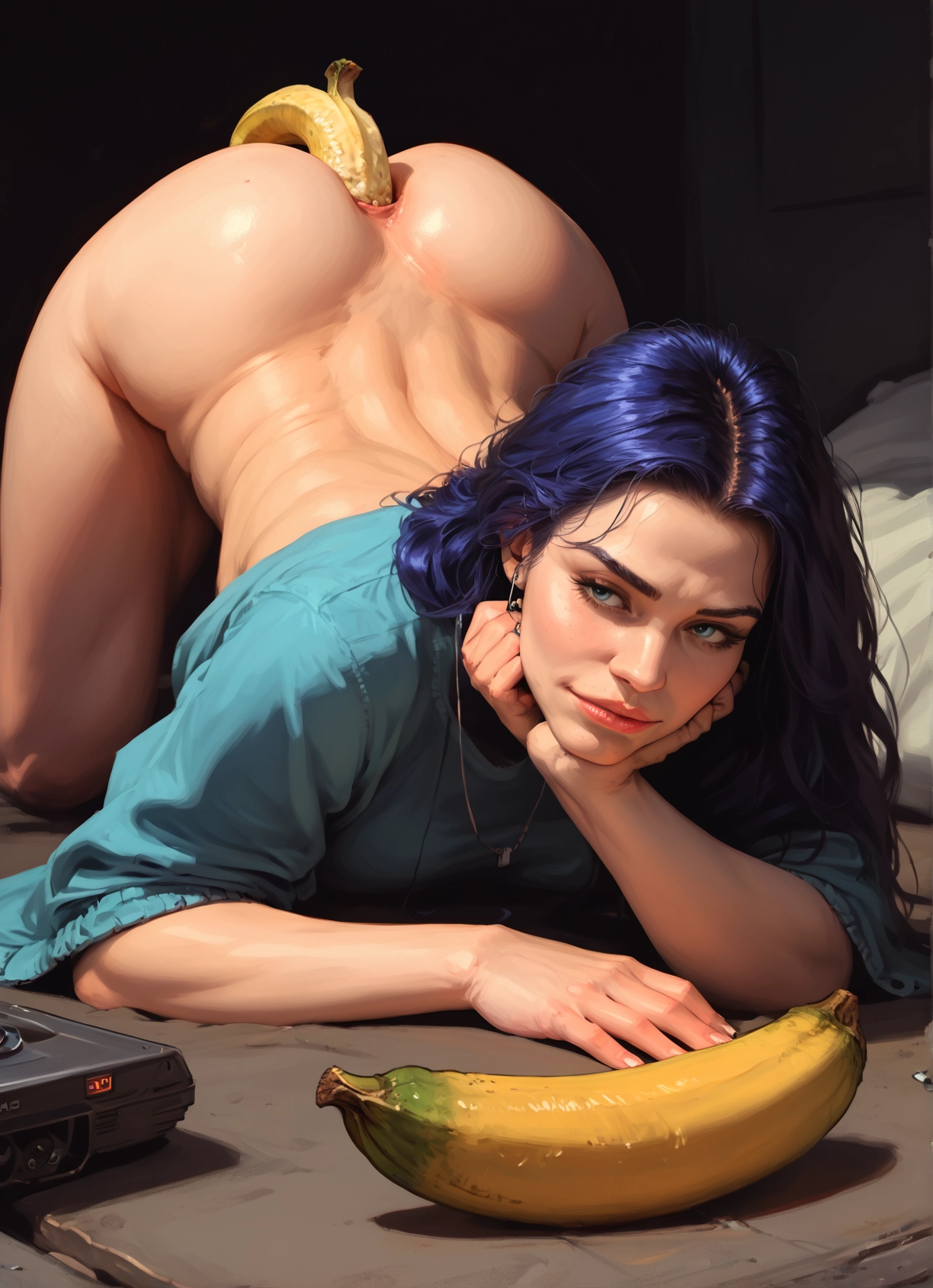 1girl, food, fruit, solo, jewelry, ass