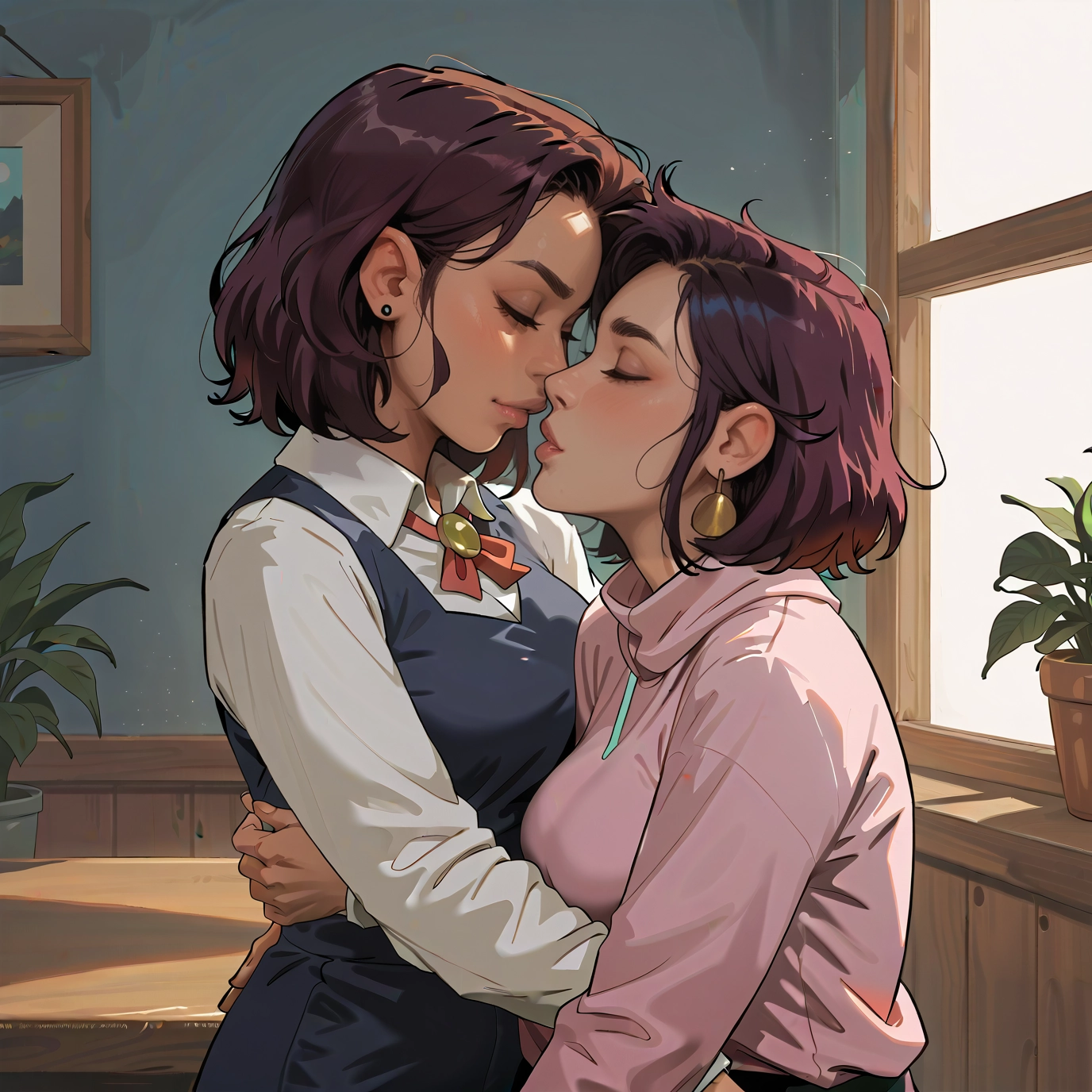 multiple girls, 2girls, yuri, jewelry, earrings, closed eyes · Yamete.gg
