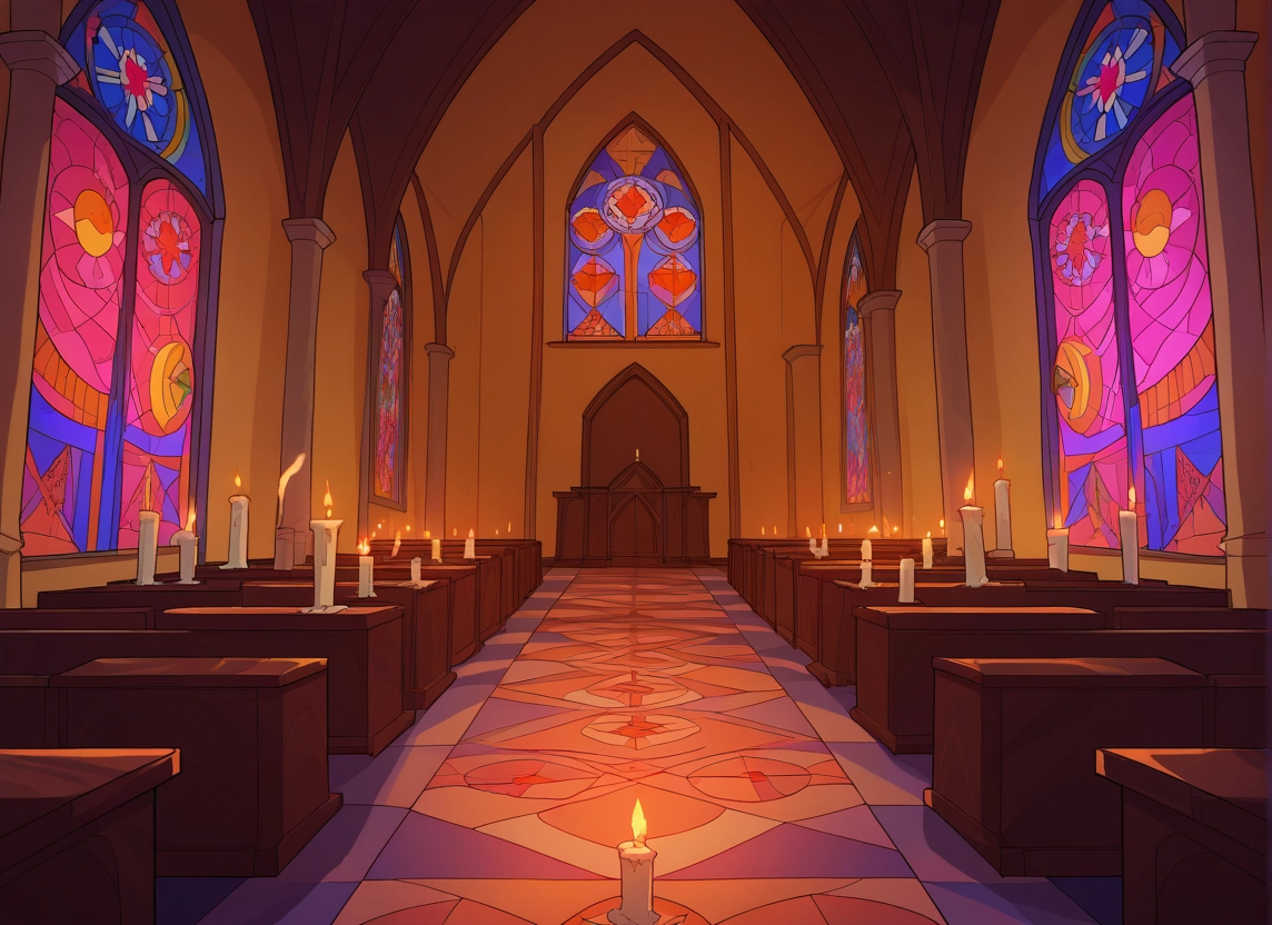 no humans, scenery, candle, stained glass, indoors, fire