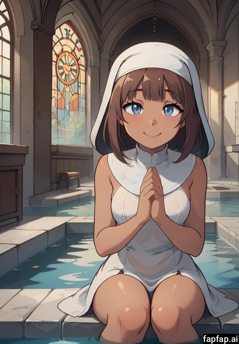 1girl, brown hair, solo, smile, sitting, own hands together · Yamete.gg