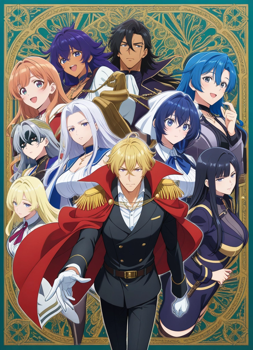 multiple girls, red cape, cape, blonde hair, multiple boys, white gloves · Yamete.gg