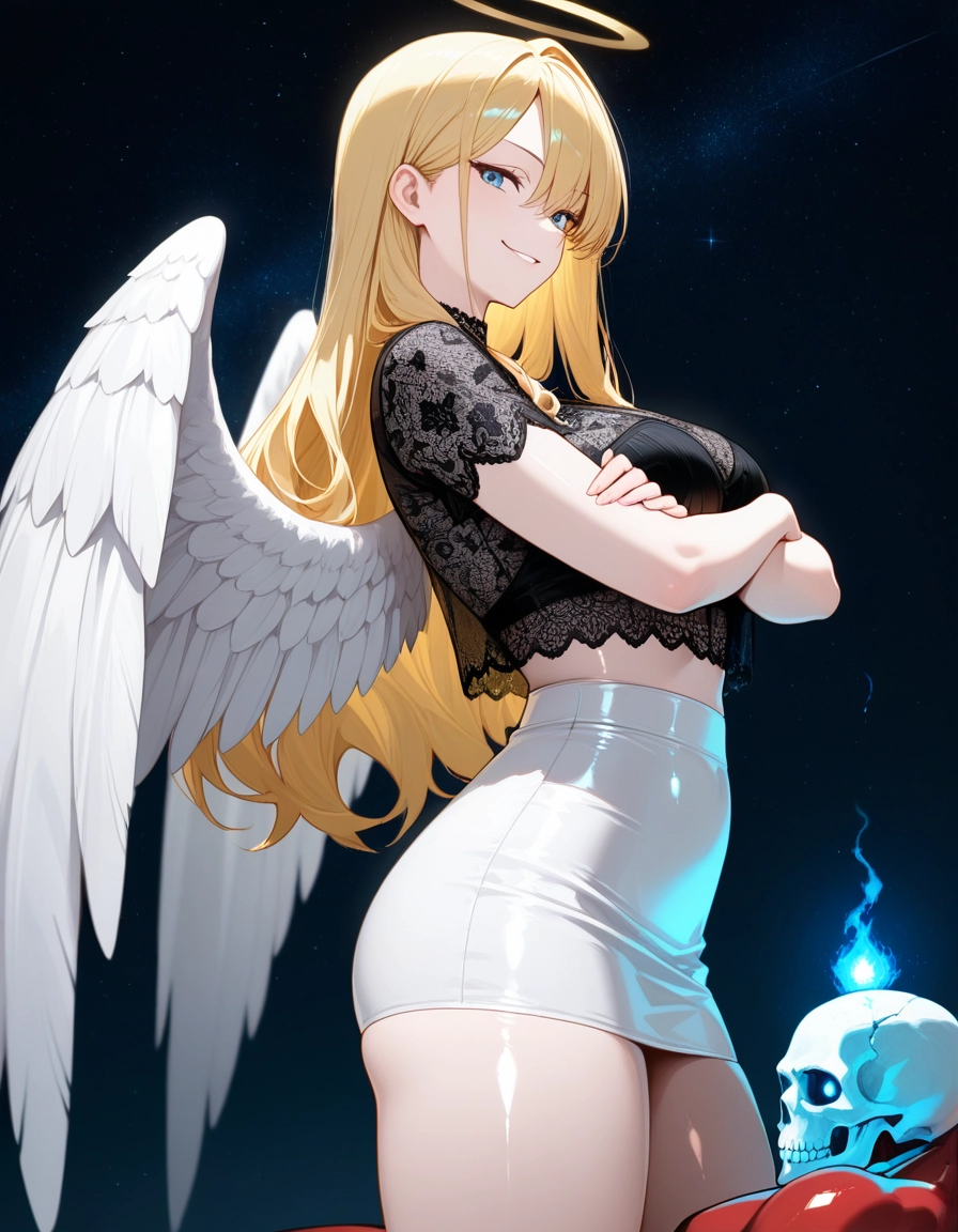 1girl, blonde hair, wings, skirt, long hair, halo · Yamete.gg