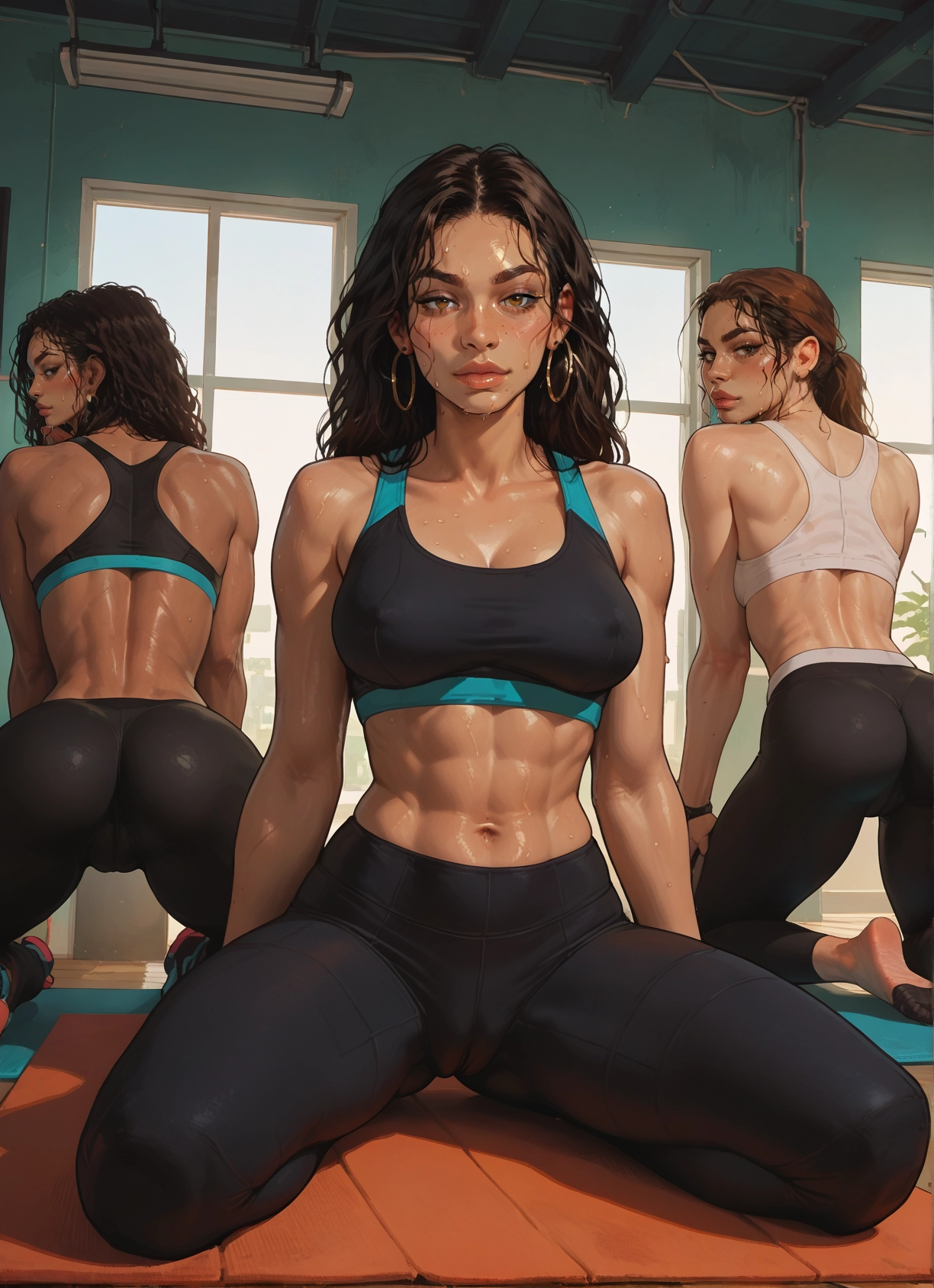 ass, breasts, jewelry, earrings, sweat, multiple girls · Yamete.gg
