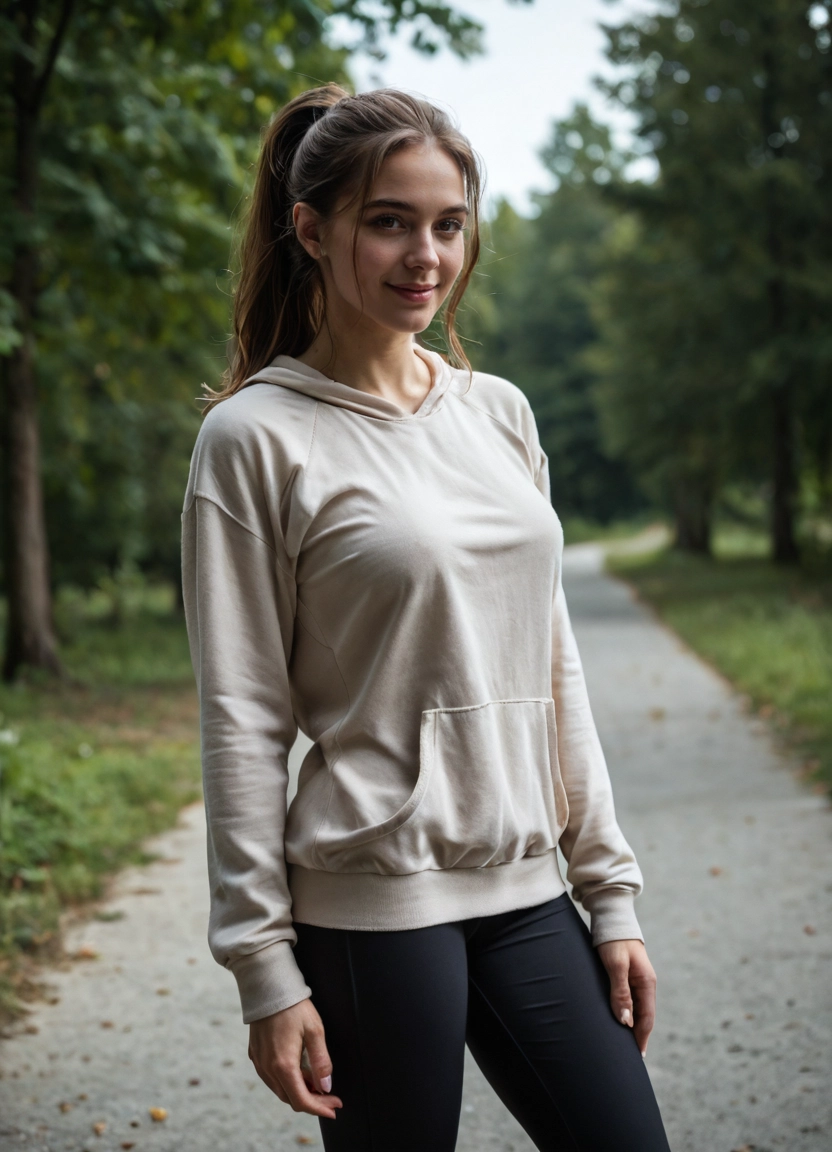 1girl, solo, realistic, outdoors, pants, looking at viewer · Yamete.gg