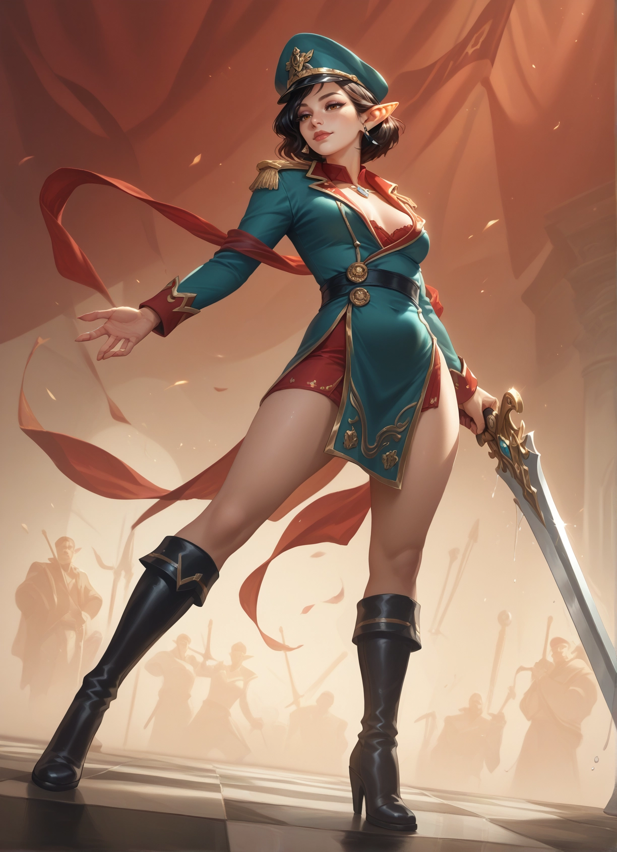 weapon, sword, boots, hat, 1girl, breasts · Yamete.gg