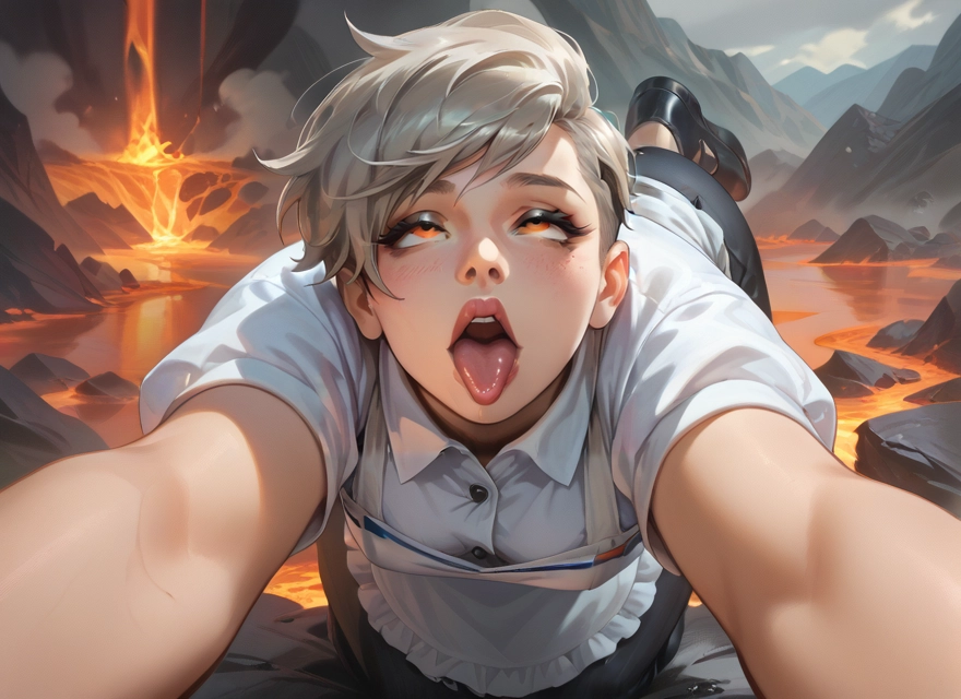 1girl, tongue, tongue out, short hair, open mouth, apron · Yamete.gg
