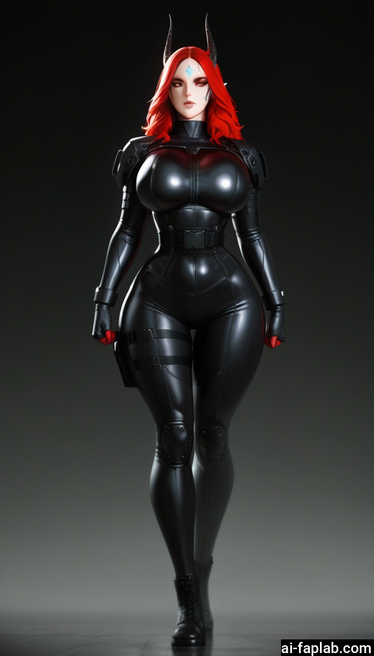 1girl, breasts, horns, bodysuit, red hair, solo · Yamete.gg