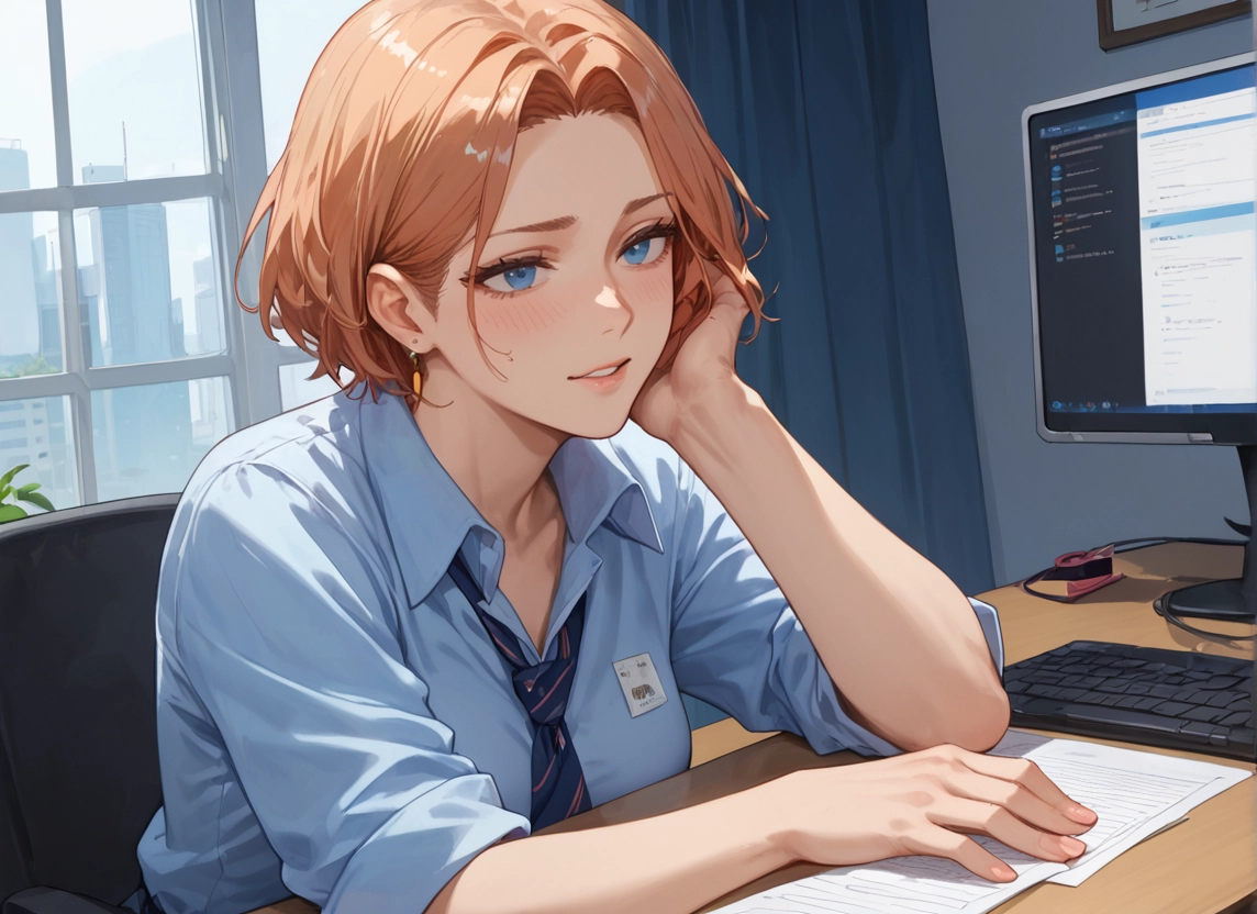 1girl, blue eyes, jewelry, earrings, short hair, shirt · Yamete.gg