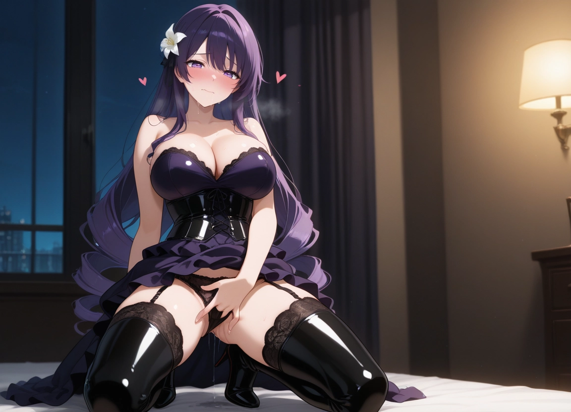1girl, solo, purple eyes, underwear, flower, breasts