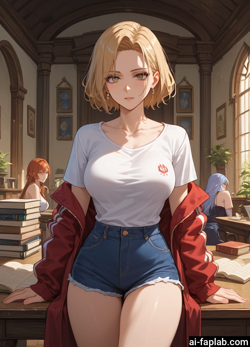 multiple girls, shorts, breasts, jewelry, earrings, book · Yamete.gg