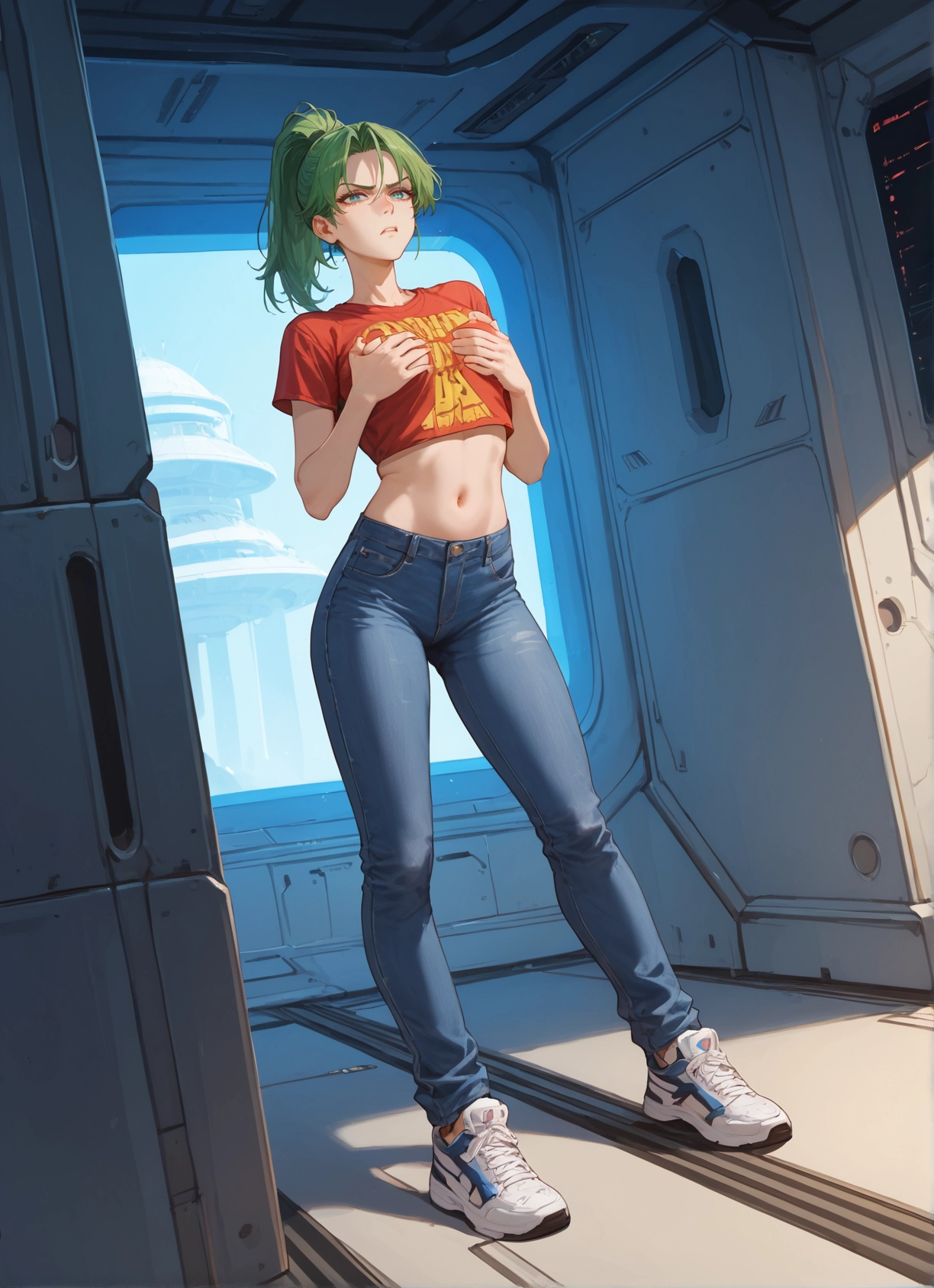 1girl, pants, solo, green hair, navel, shoes · Yamete.gg
