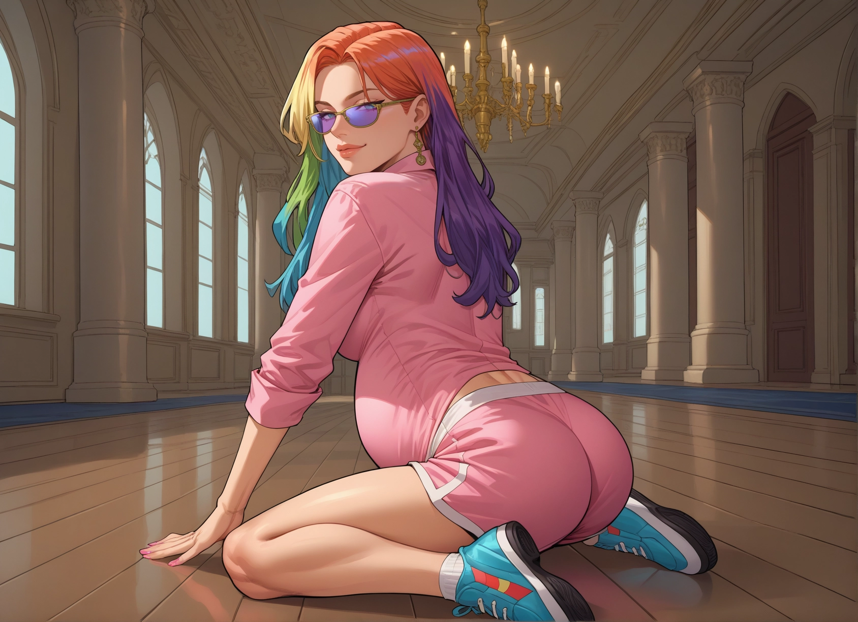 1girl, shorts, multicolored hair, solo, ass, indoors · Yamete.gg