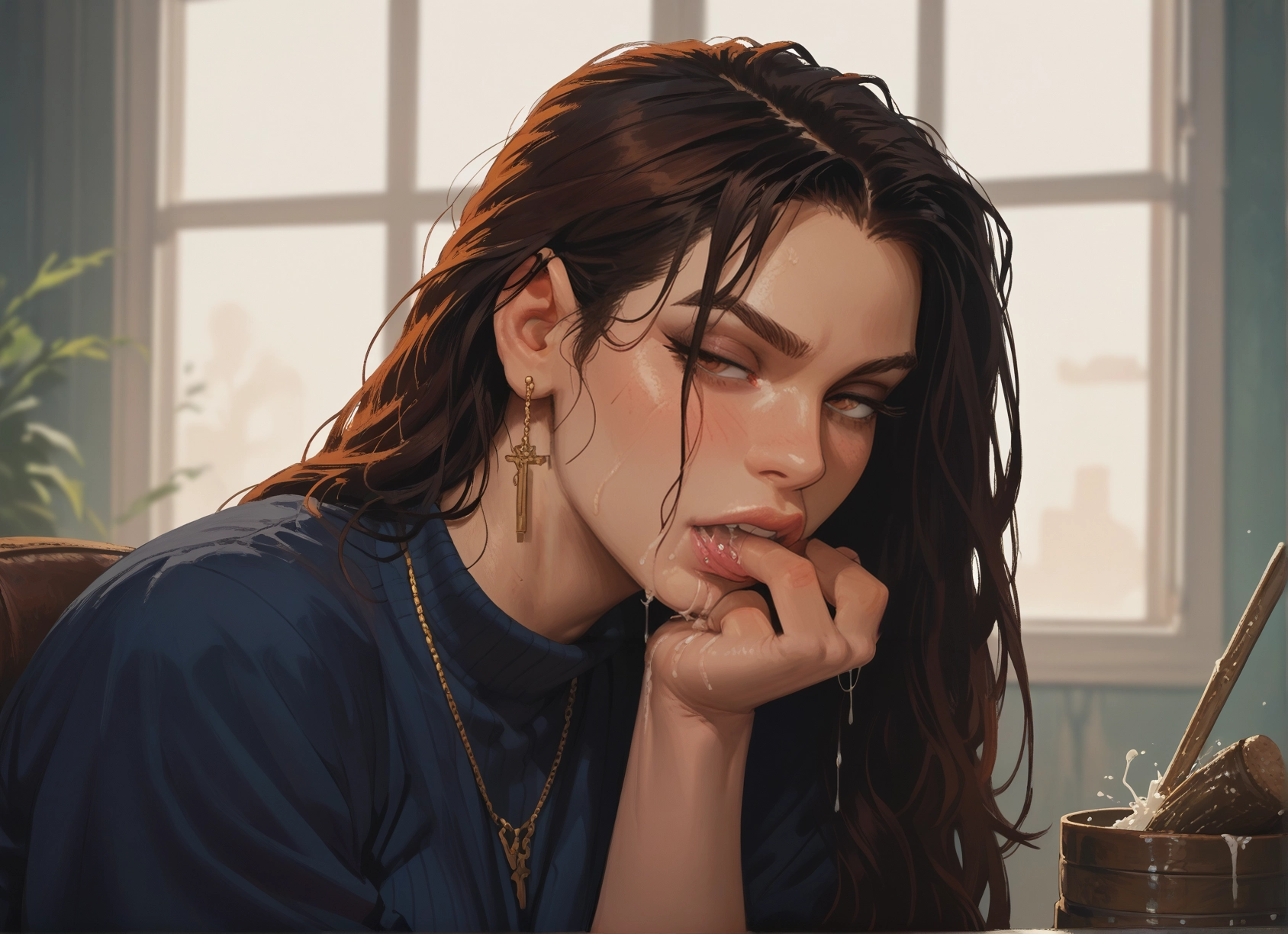 jewelry, 1girl, earrings, solo, brown hair, long hair · Yamete.gg