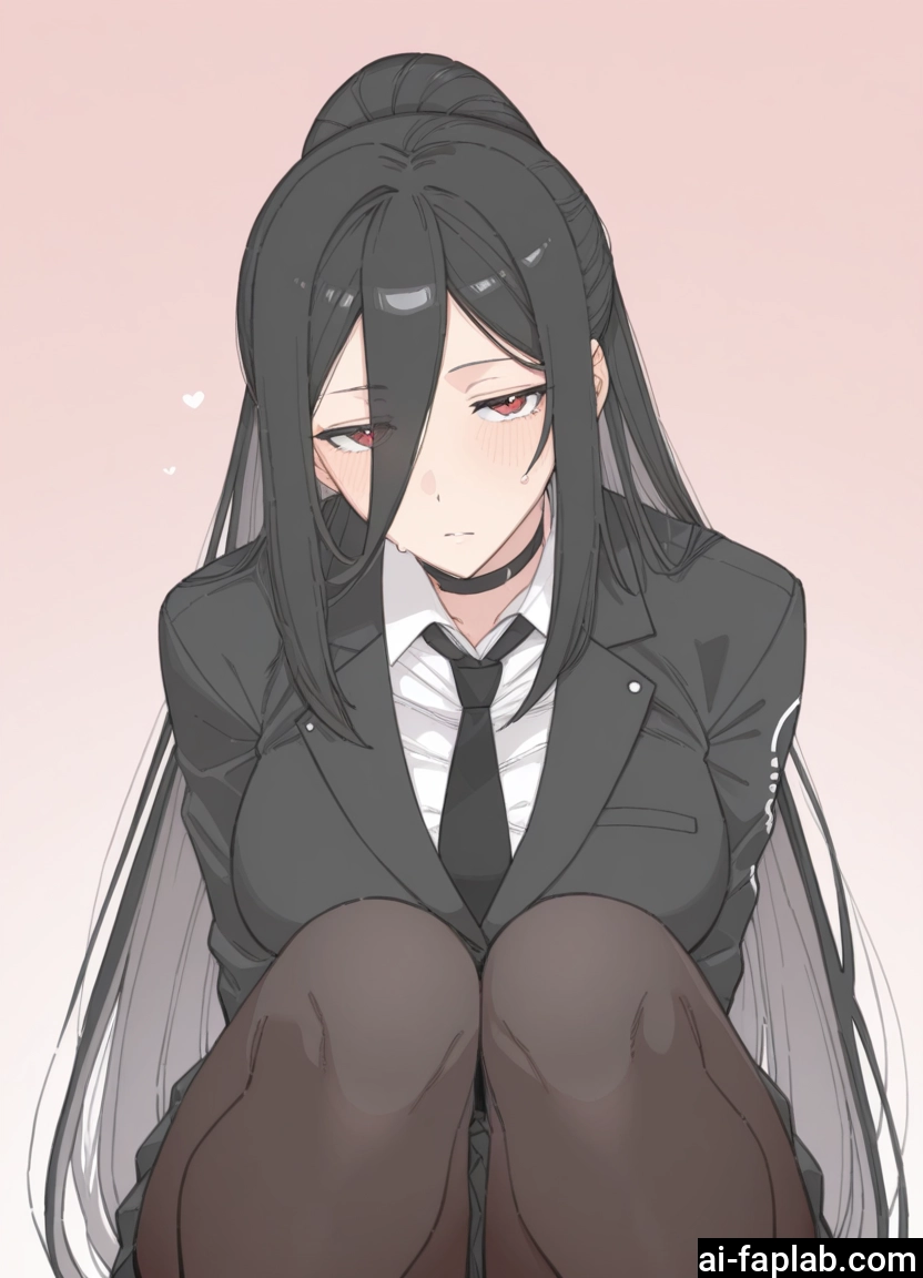 1girl, long hair, necktie, black hair, blush, choker