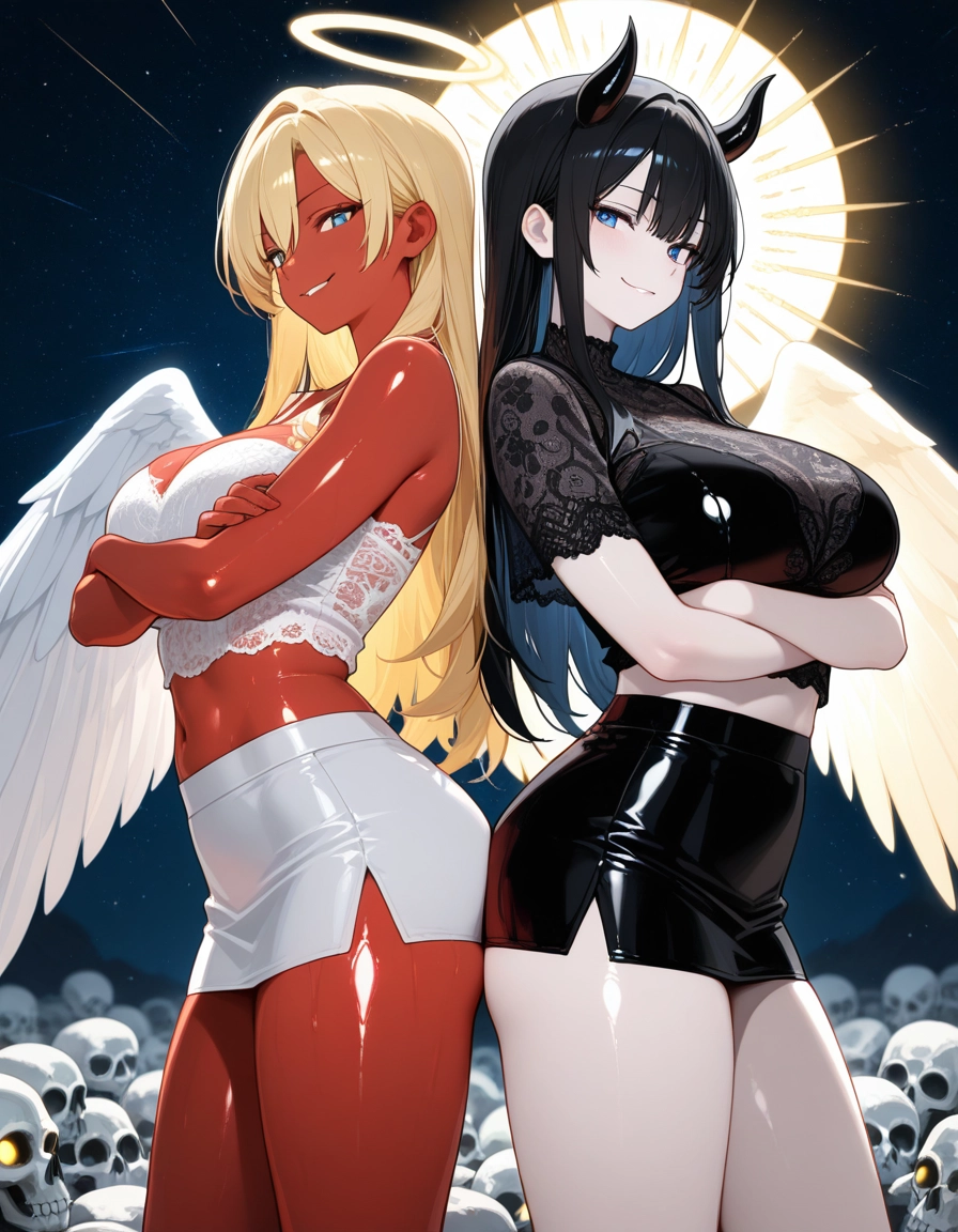 multiple girls, 2girls, breasts, wings, blonde hair, skirt · Yamete.gg