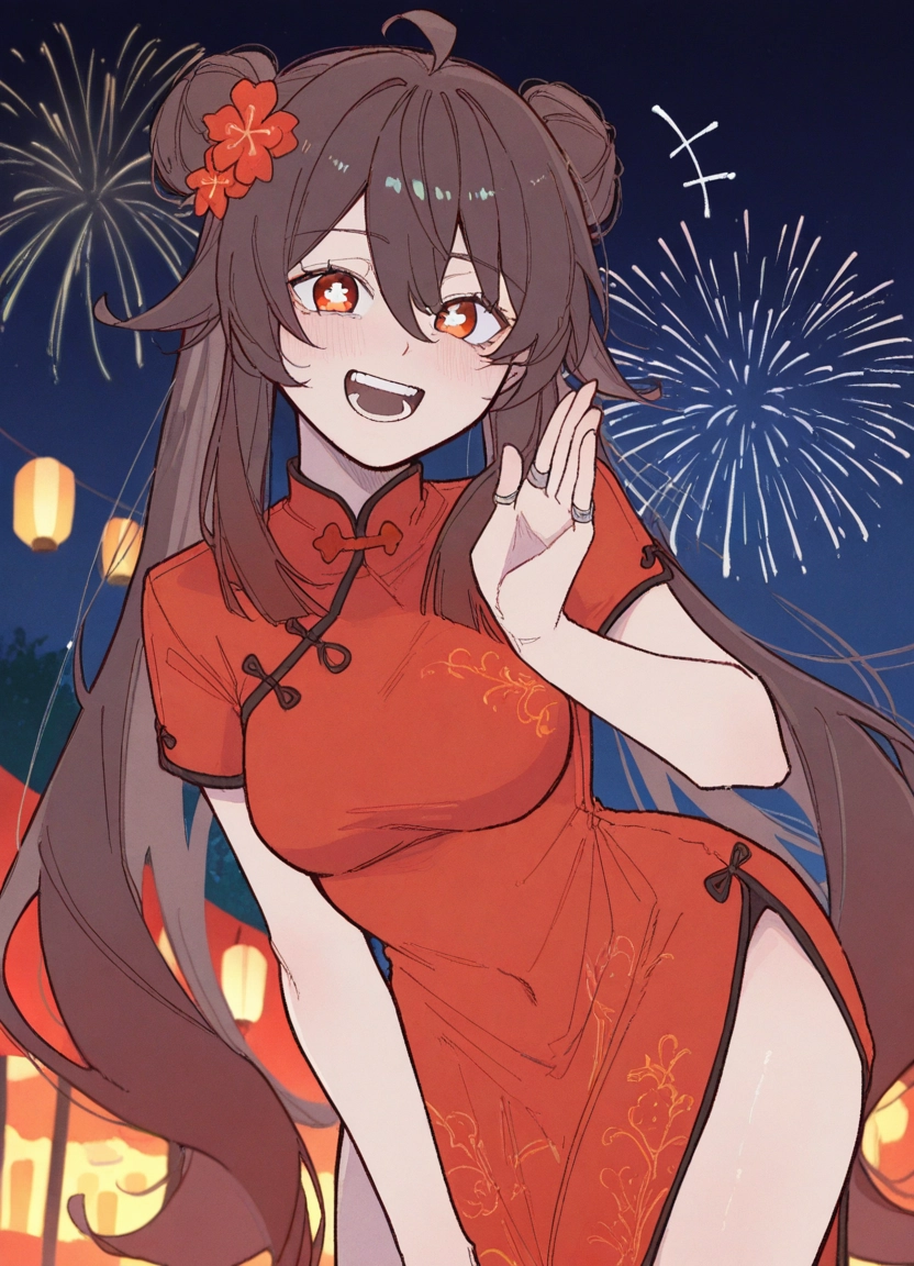 1girl, chinese clothes, dress, china dress, fireworks, solo · Yamete.gg