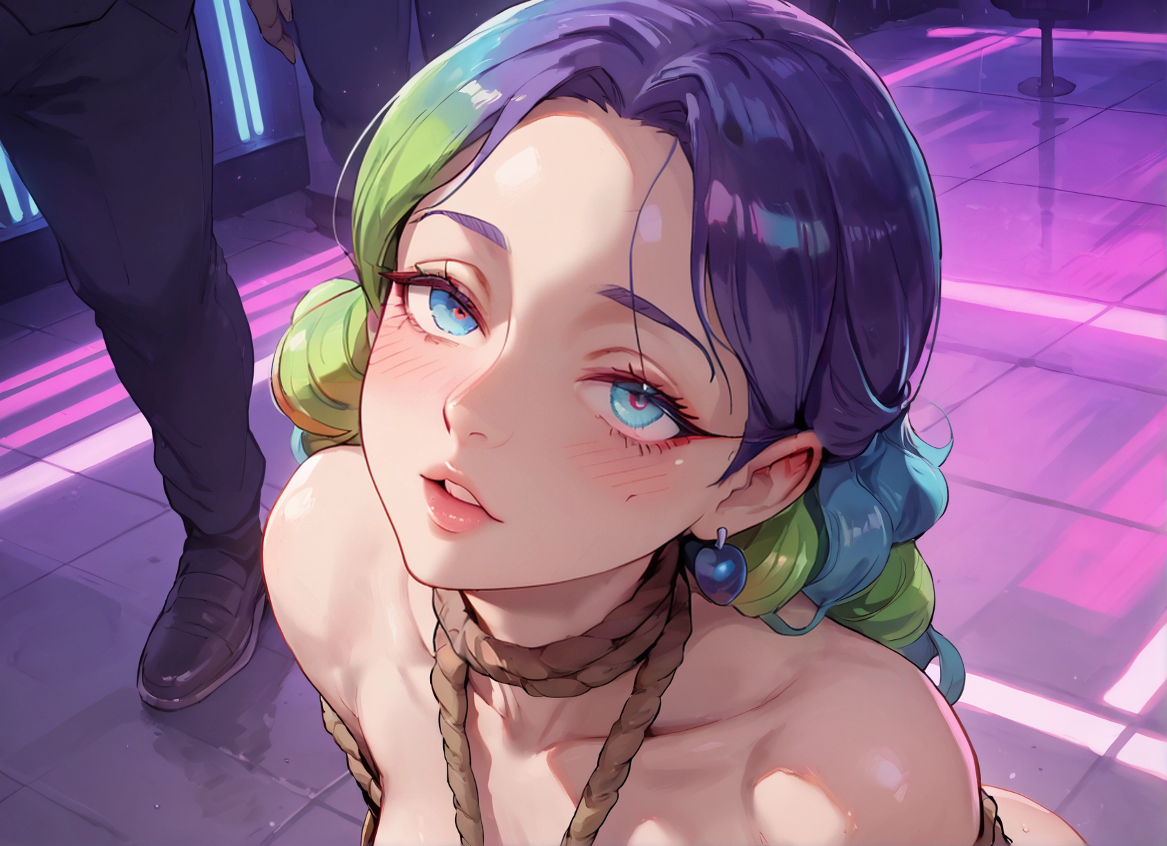 1girl, jewelry, earrings, multicolored hair, nude, blush · Yamete.gg
