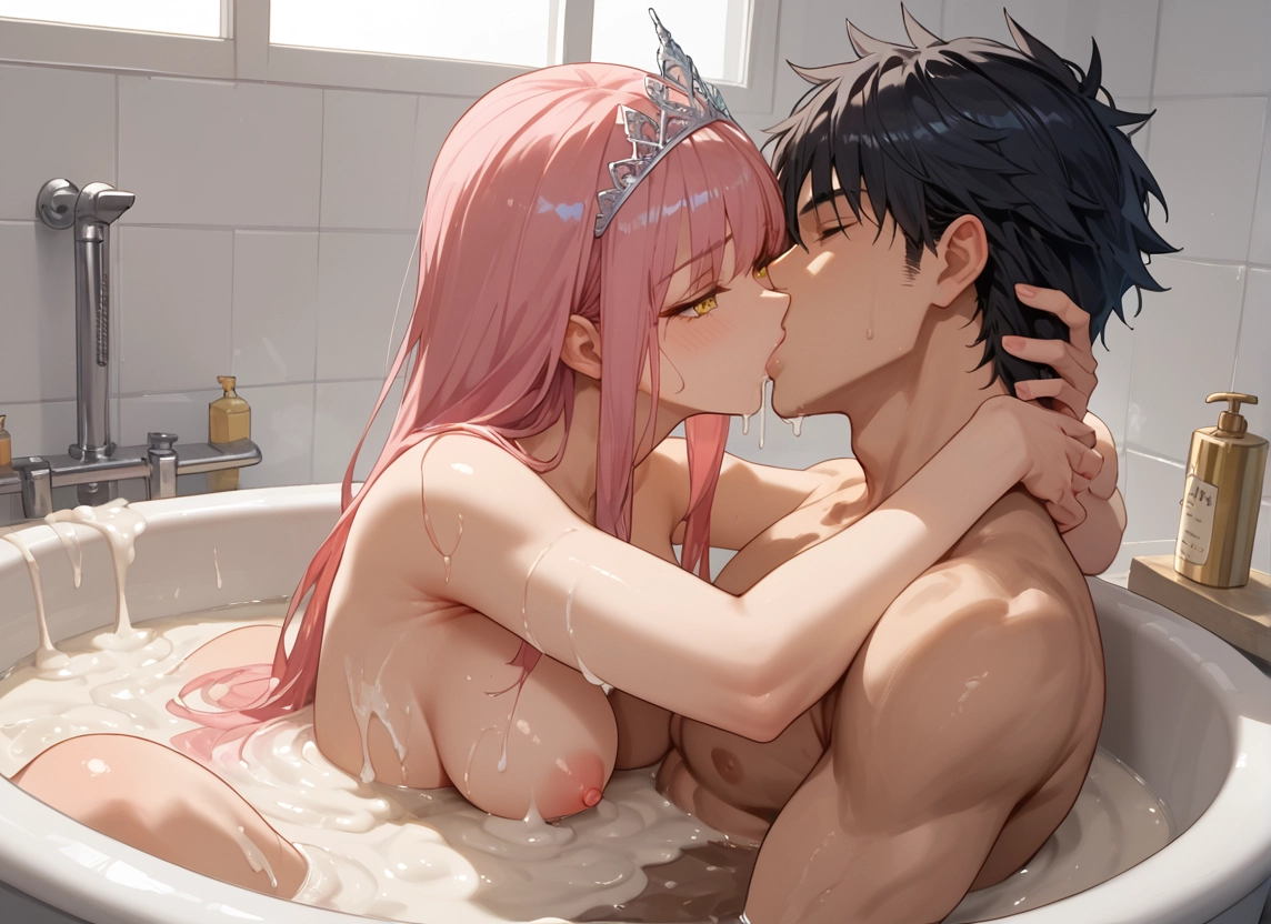 1girl, 1boy, breasts, pink hair, nipples, kiss · Yamete.gg