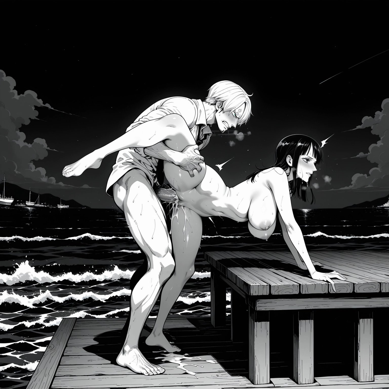 1girl, 1boy, greyscale, monochrome, hetero, breasts · Yamete.gg