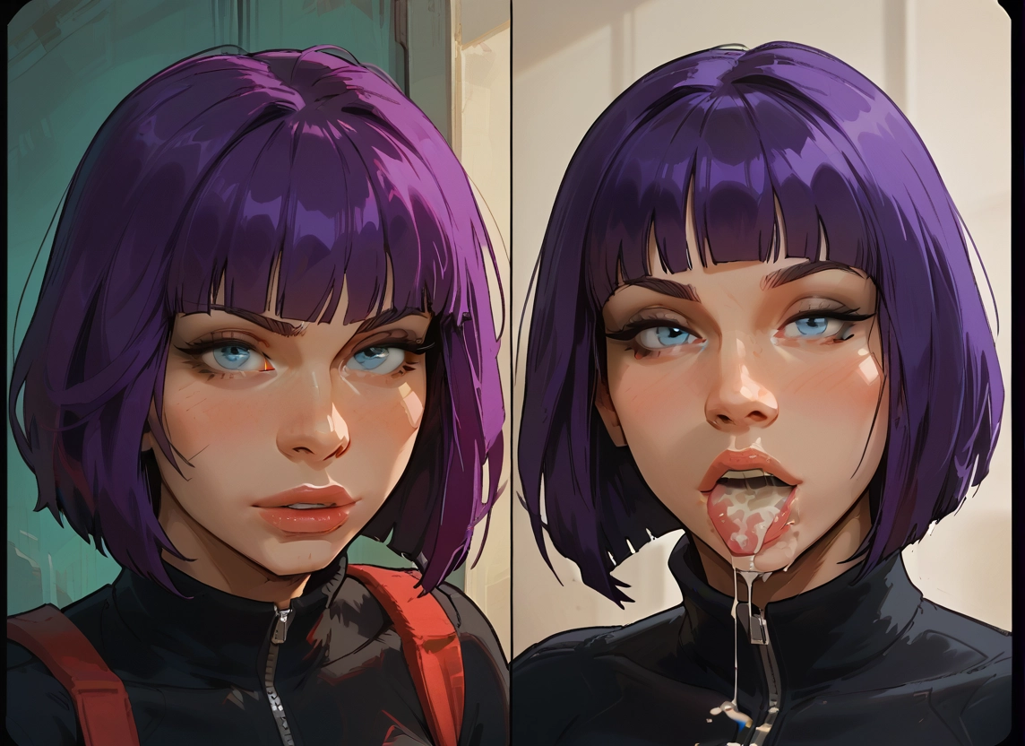 cum, blue eyes, purple hair, cum in mouth, 1girl, short hair · Yamete.gg