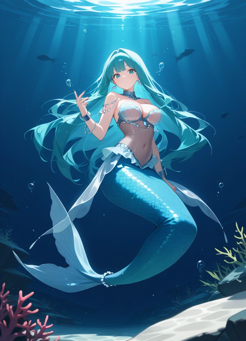 1girl, long hair, underwater, breasts, mermaid, solo
