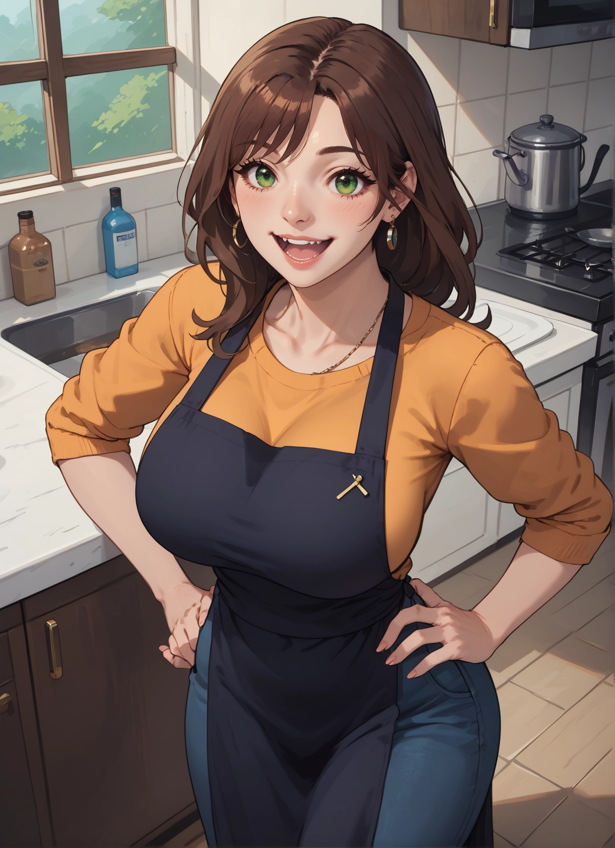 1girl, green eyes, jewelry, earrings, breasts, brown hair · Yamete.gg