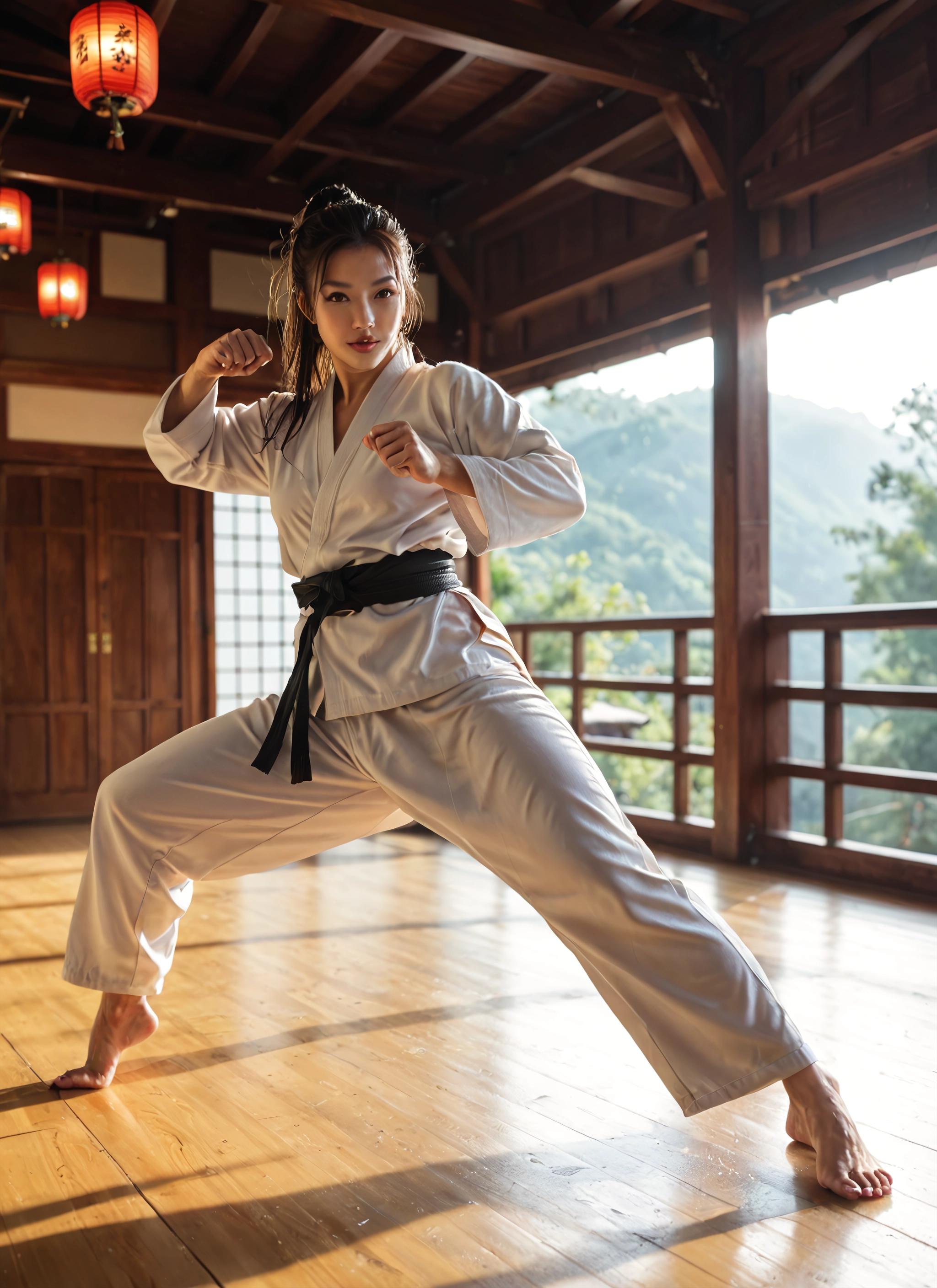 1girl, solo, barefoot, fighting stance, lantern, dougi · Yamete.gg