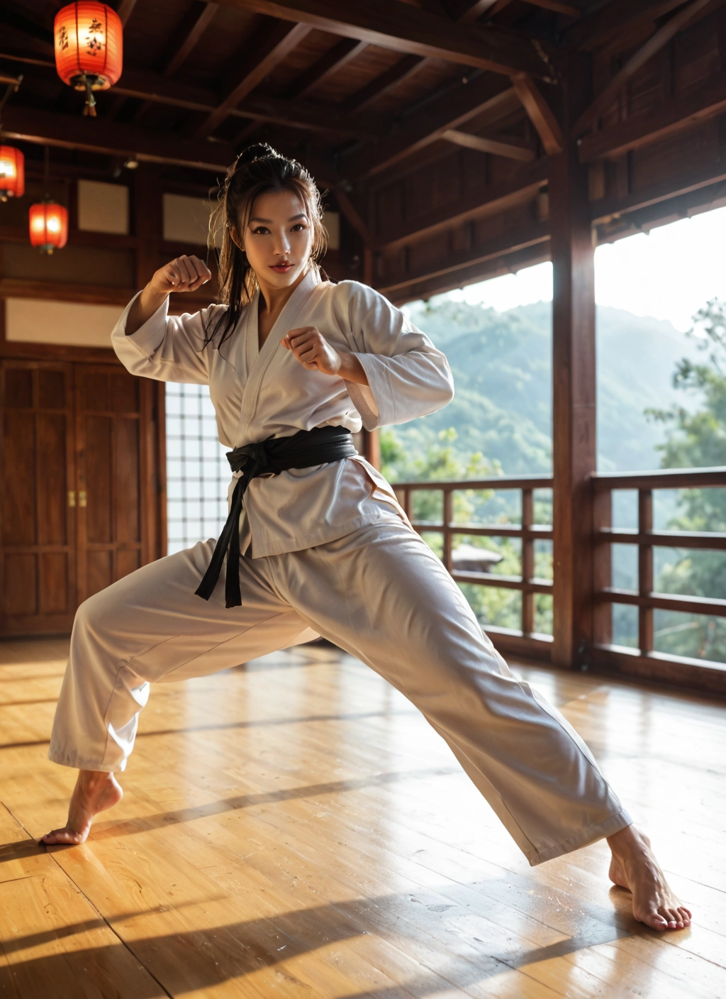 1girl, solo, barefoot, fighting stance, lantern, dougi