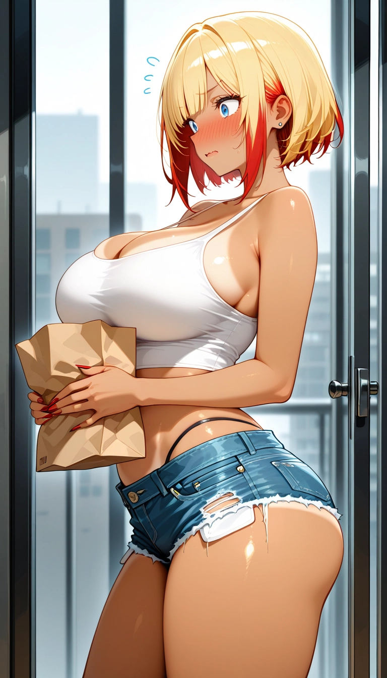 1girl, breasts, red nails, multicolored hair, tan, solo · Yamete.gg