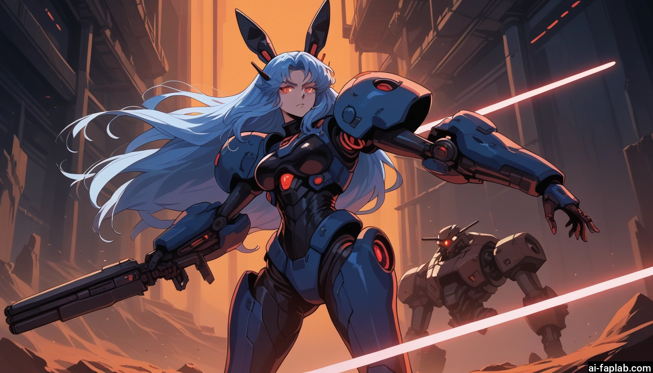 1girl, weapon, long hair, gun, mecha, blue hair