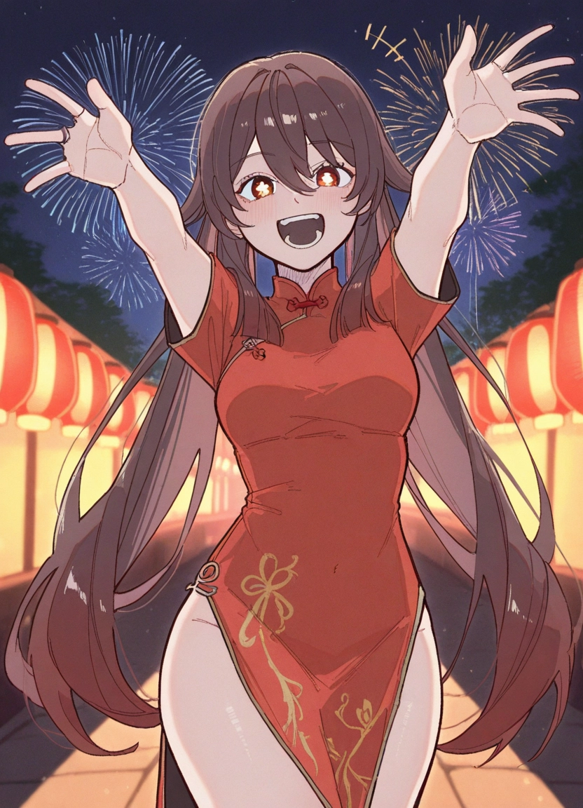1girl, chinese clothes, dress, open mouth, china dress, fireworks · Yamete.gg