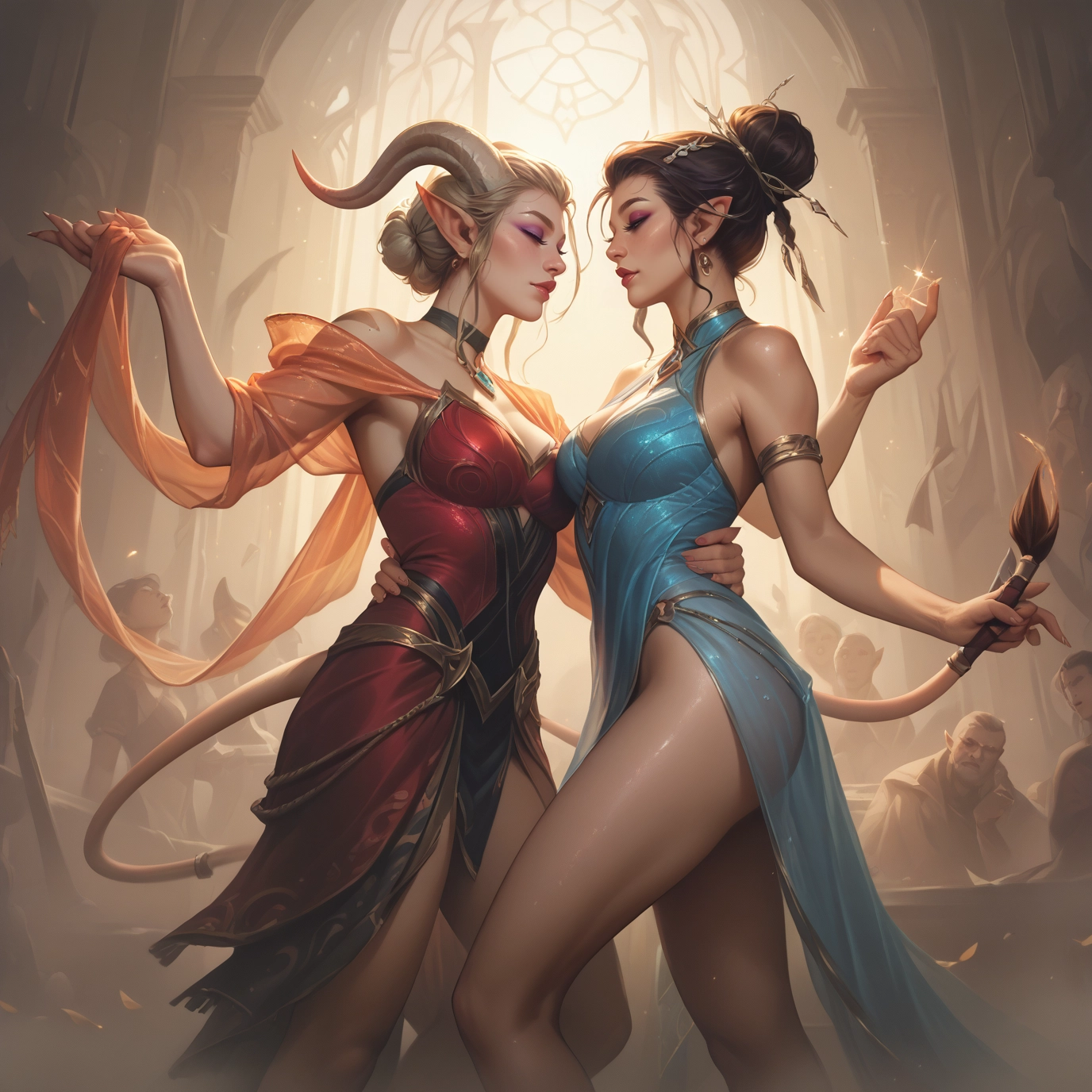 multiple girls, 2girls, horns, tail, breasts, pointy ears · Yamete.gg