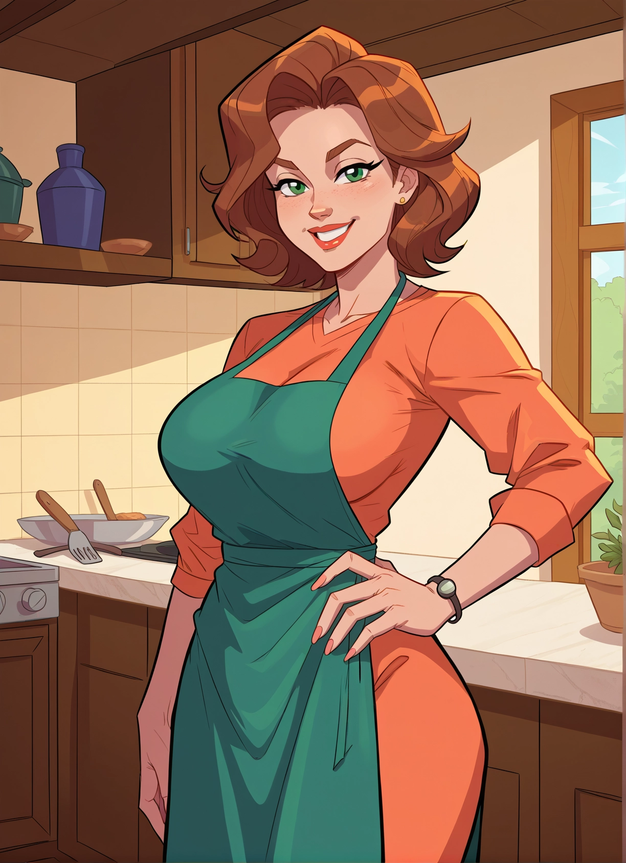 1girl, apron, breasts, green eyes, watch, smile · Yamete.gg