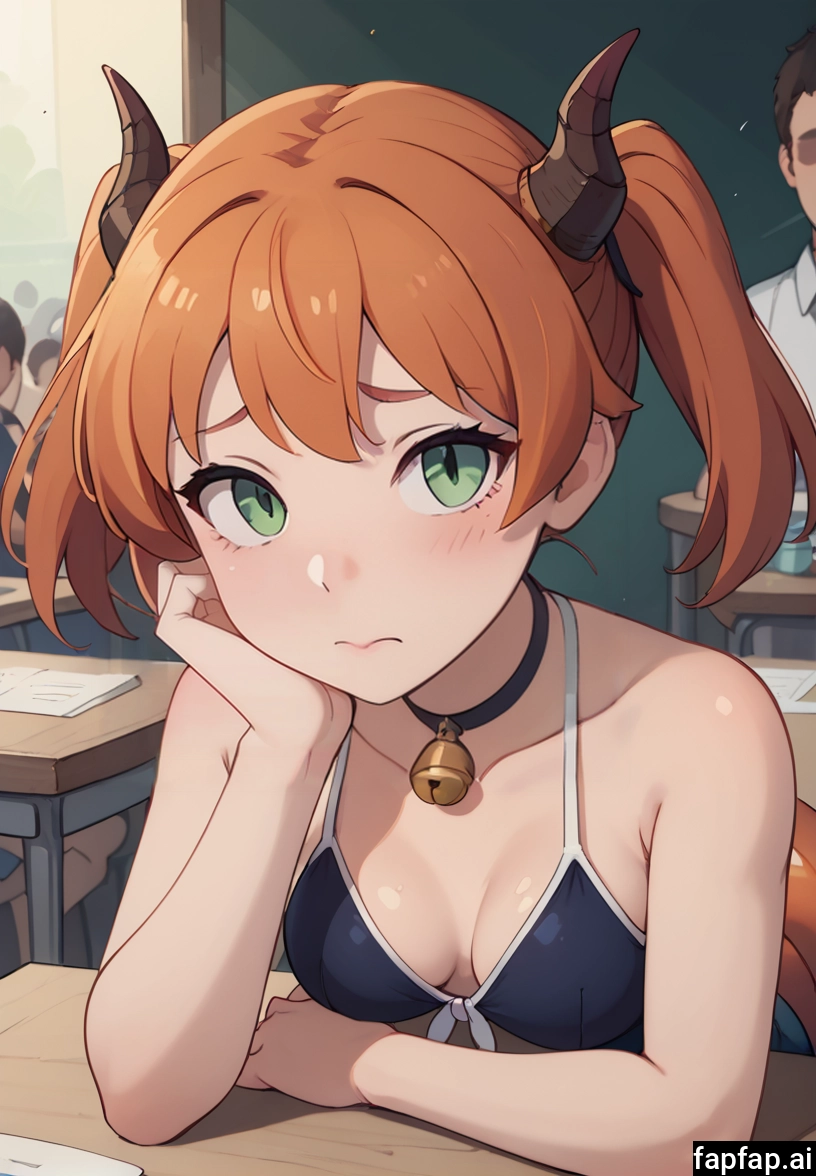 breasts, green eyes, bell, horns, twintails, solo focus