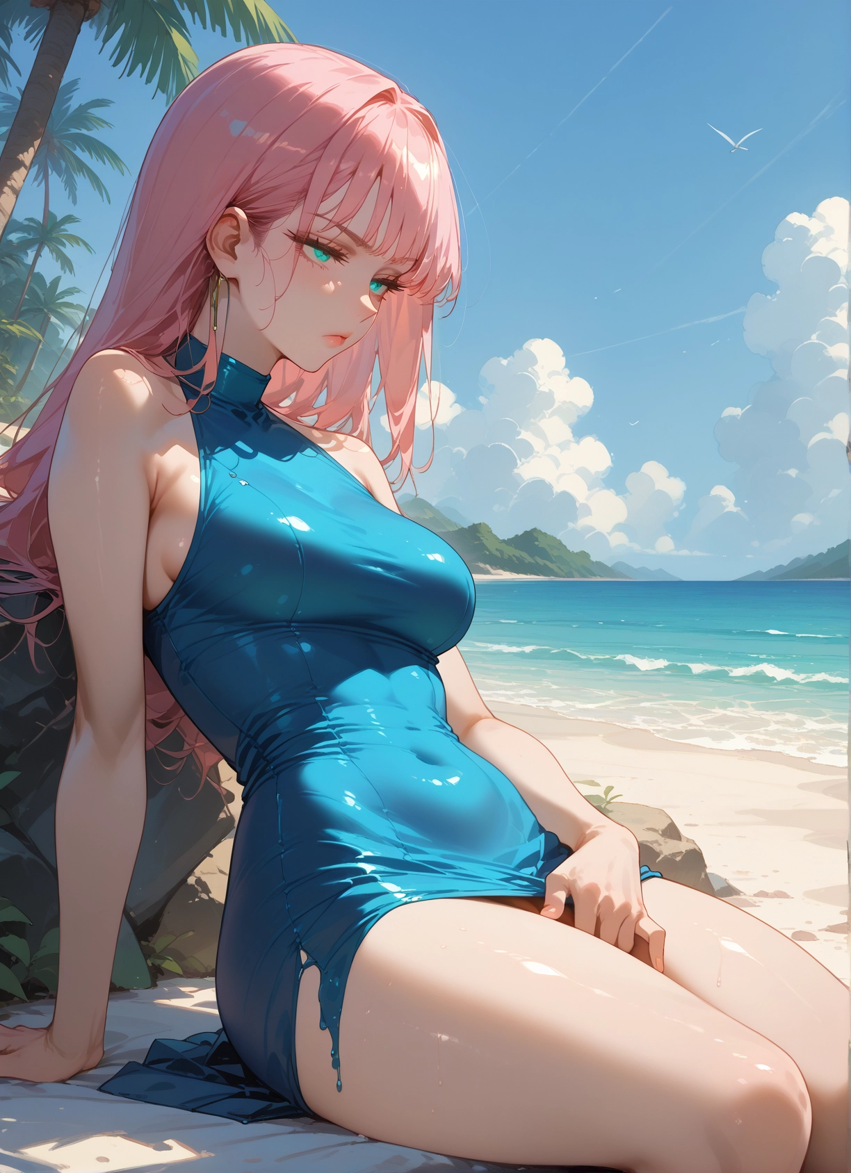 1girl, breasts, long hair, pink hair, solo, beach · Yamete.gg