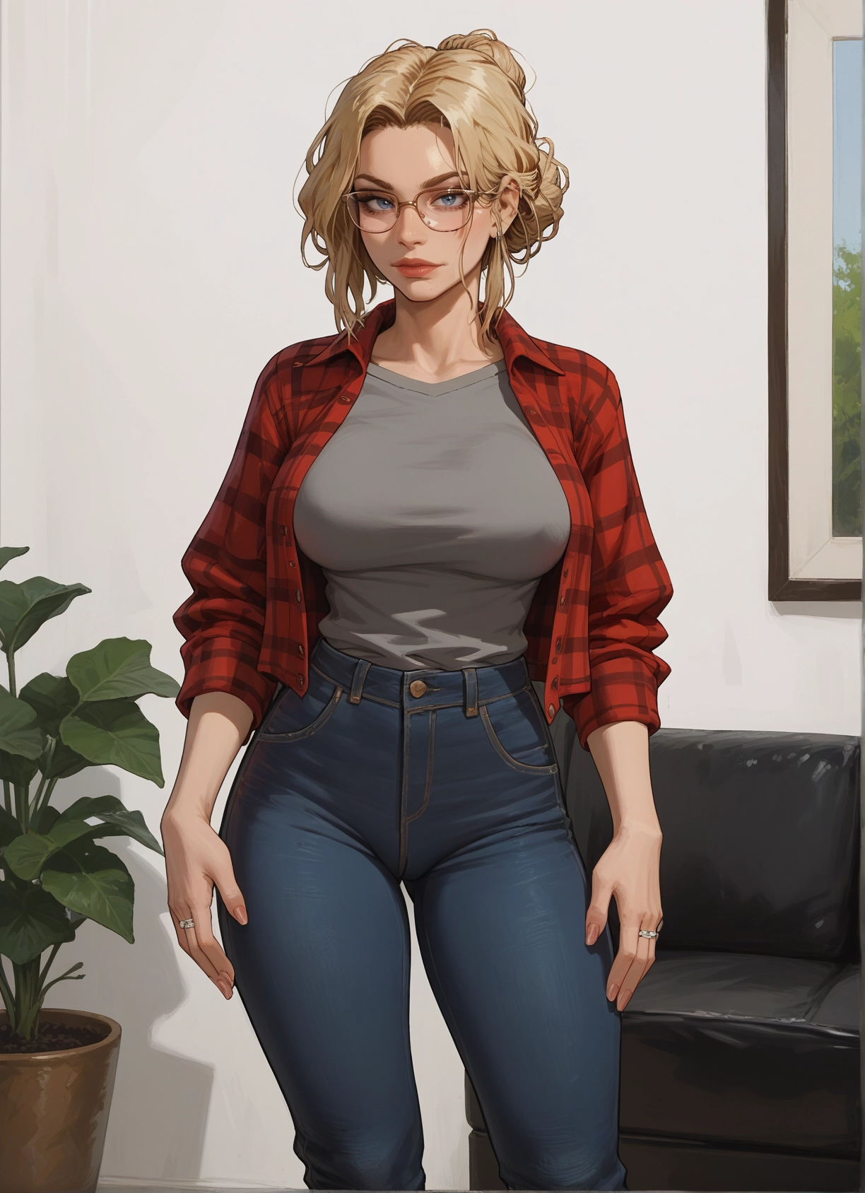 1girl, breasts, jewelry, blonde hair, blue eyes, pants · Yamete.gg