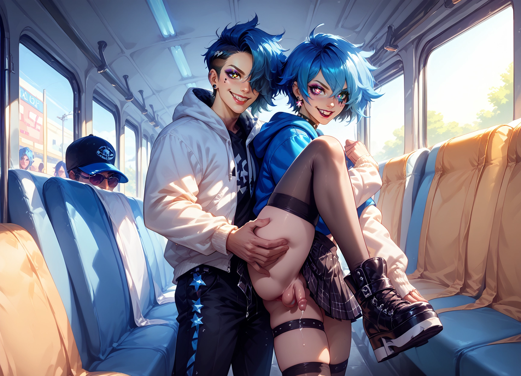multiple boys, smile, penis, thighhighs, male focus, skirt · Yamete.gg