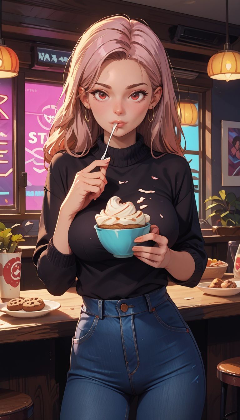 1girl, denim, food, solo, jewelry, earrings · Yamete.gg