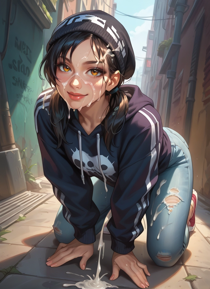 1girl, solo, hat, hood, cum, outdoors · Yamete.gg