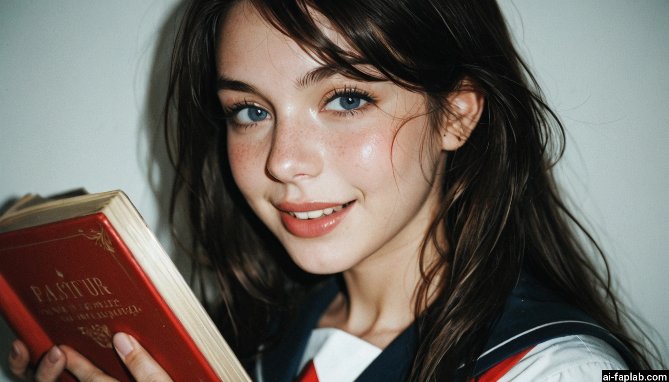 1girl, solo, book, smile, school uniform, blue eyes