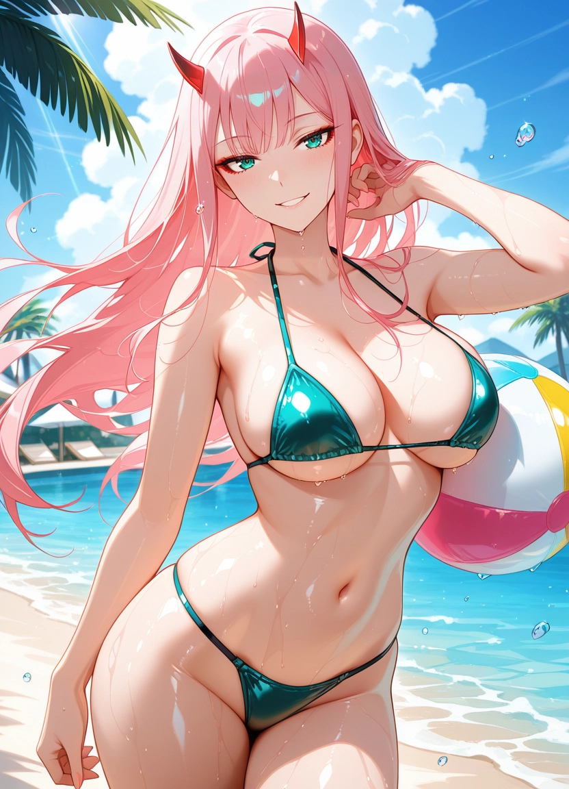 solo, 1girl, outdoors, breasts, ball, horns · Yamete.gg