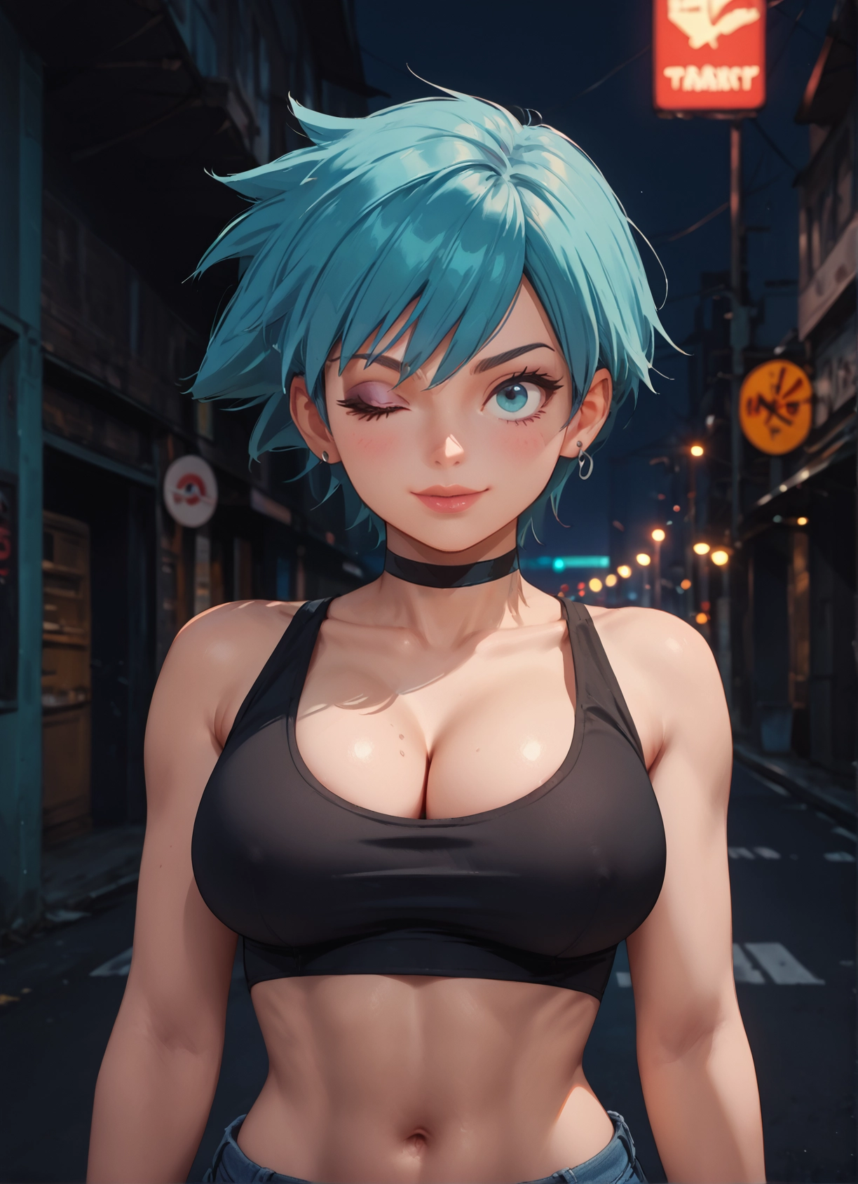 1girl, breasts, jewelry, one eye closed, earrings, short hair · Yamete.gg