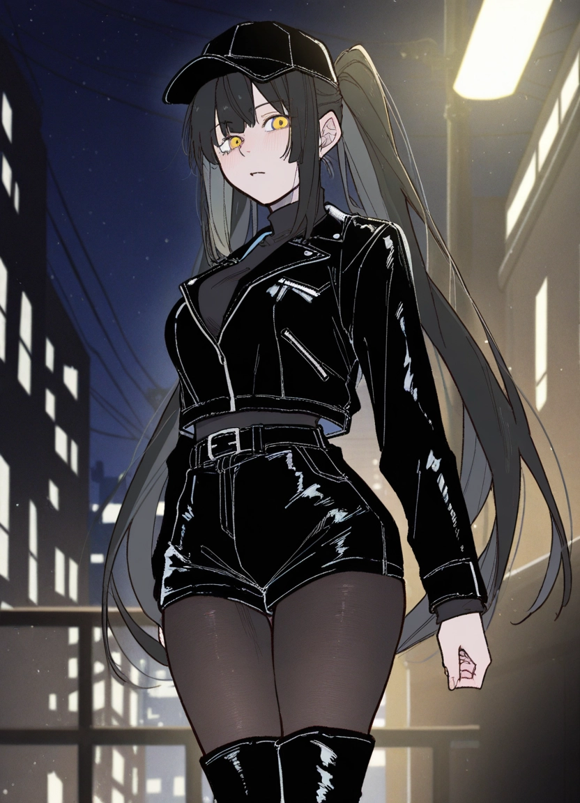 1girl, solo, hat, shorts, jacket, yellow eyes · Yamete.gg